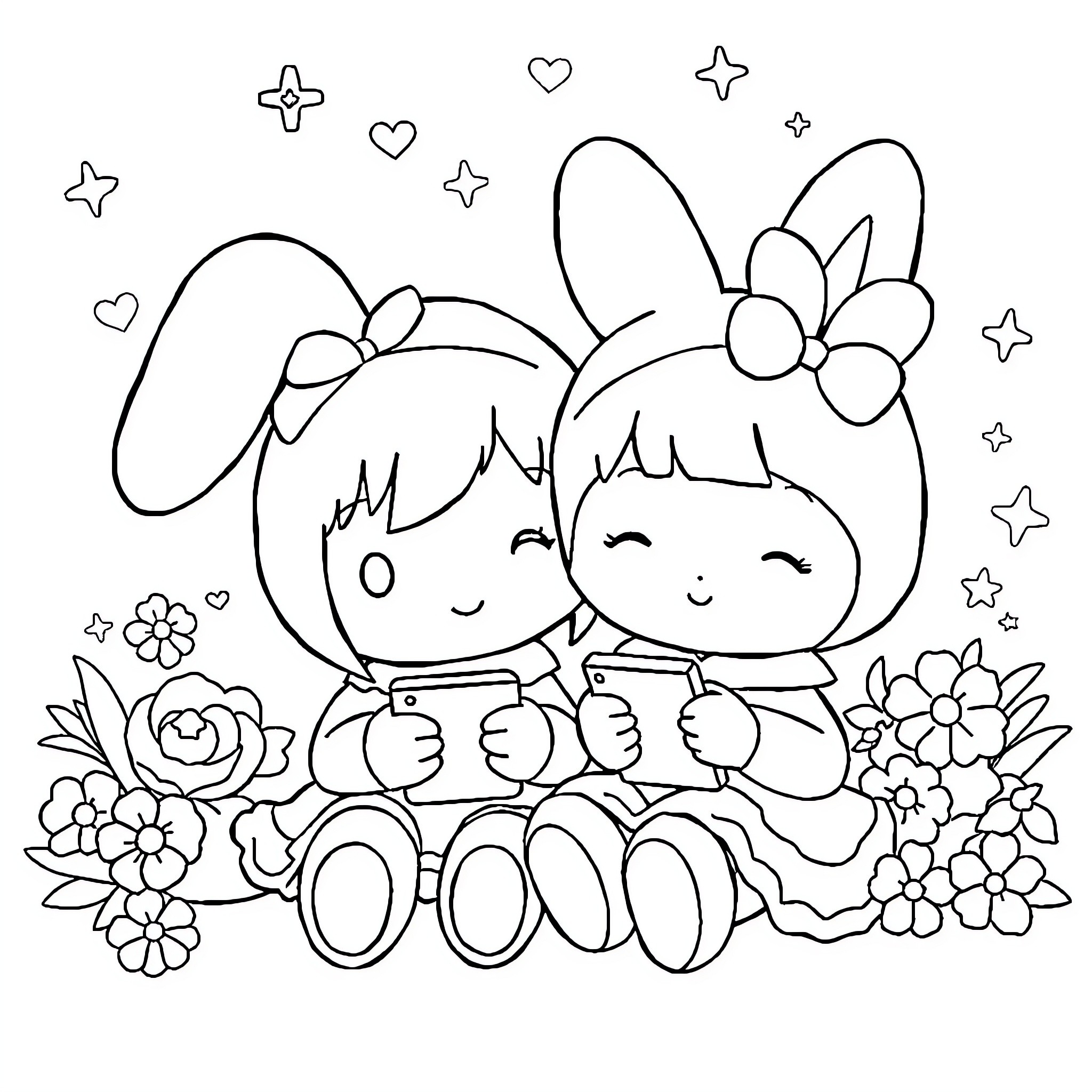 My Melody of Playful Friends and Floral Delight Coloring Page (free black-and-white line drawing printable PDF for all, from beginners to advanced learners, including children, teens, adults, and seniors)