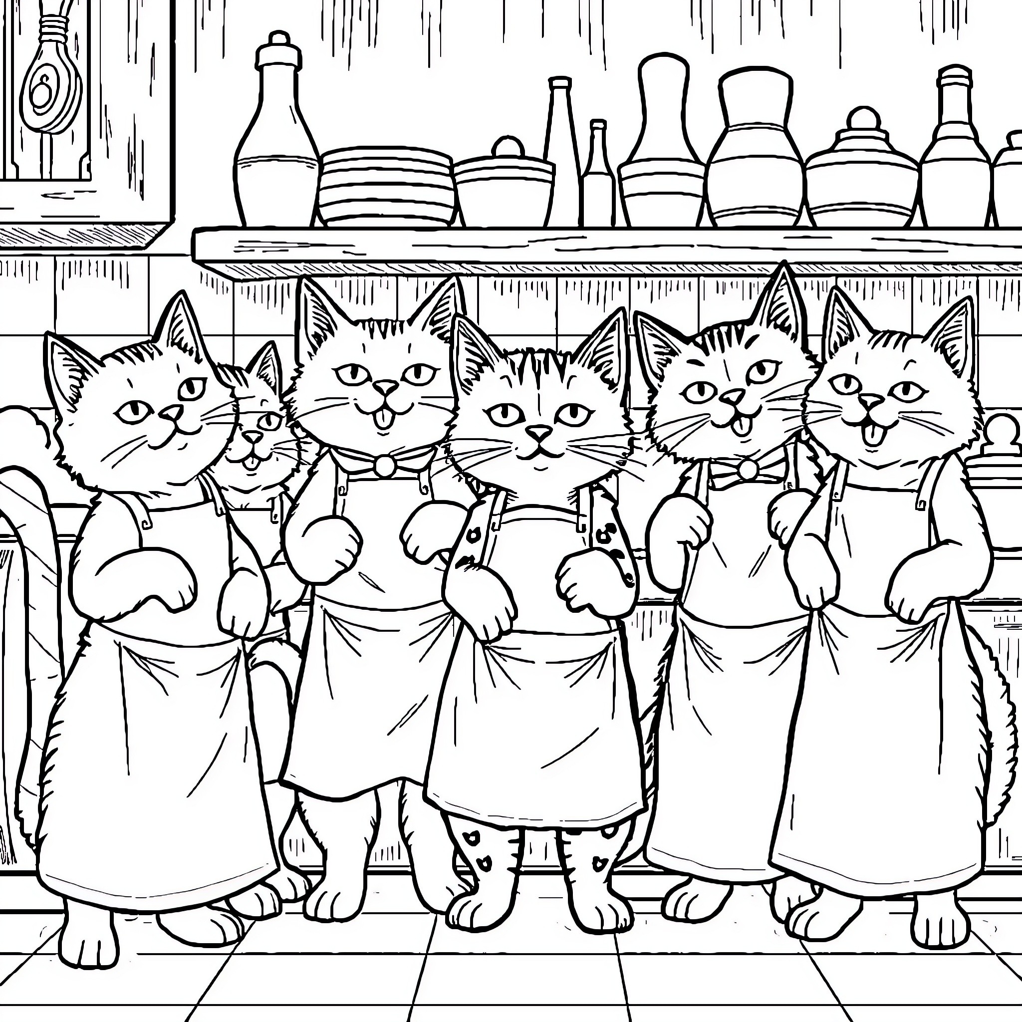 Cat cooks gather in kitchen Coloring Page (free black-and-white line drawing printable PDF for all, from beginners to advanced learners, including children, teens, adults, and seniors)