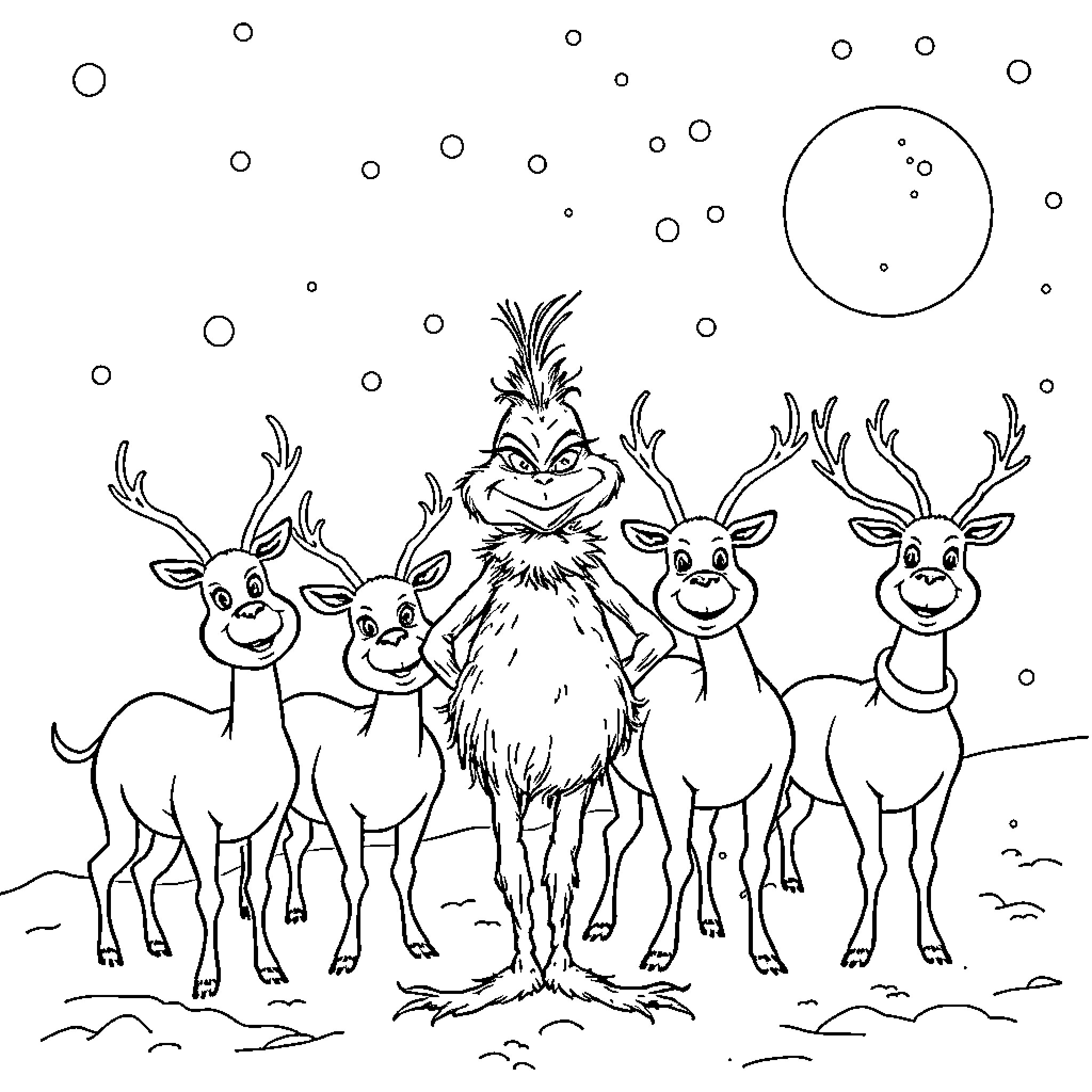 Grinch and Reindeer Friends in Winter Scene Coloring Page (free black-and-white line drawing printable PDF for all, from beginners to advanced learners, including children, teens, adults, and seniors)