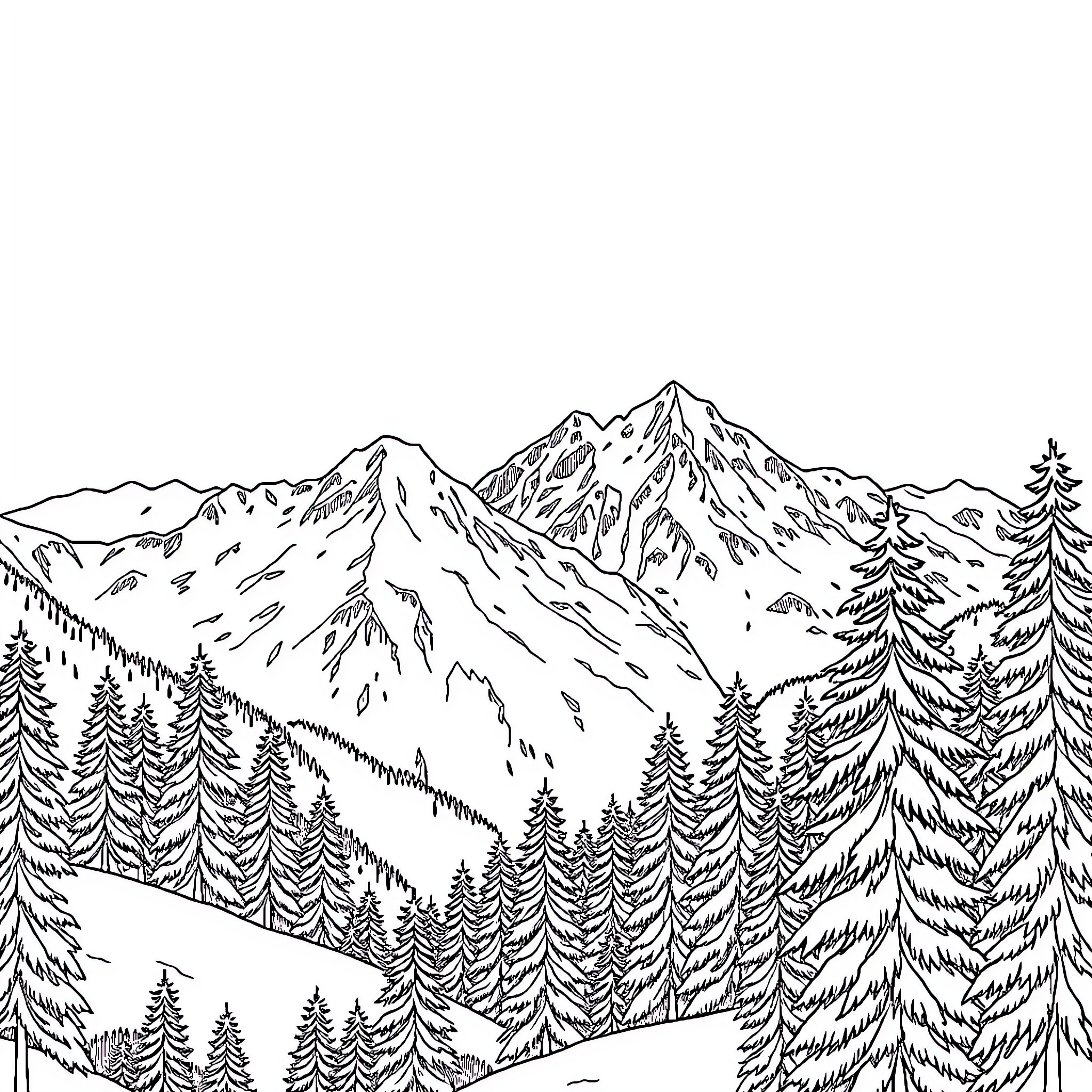 Mountain landscape with tall peaks and pine forests Coloring Page (free black-and-white line drawing printable PDF for all, from beginners to advanced learners, including children, teens, adults, and seniors)