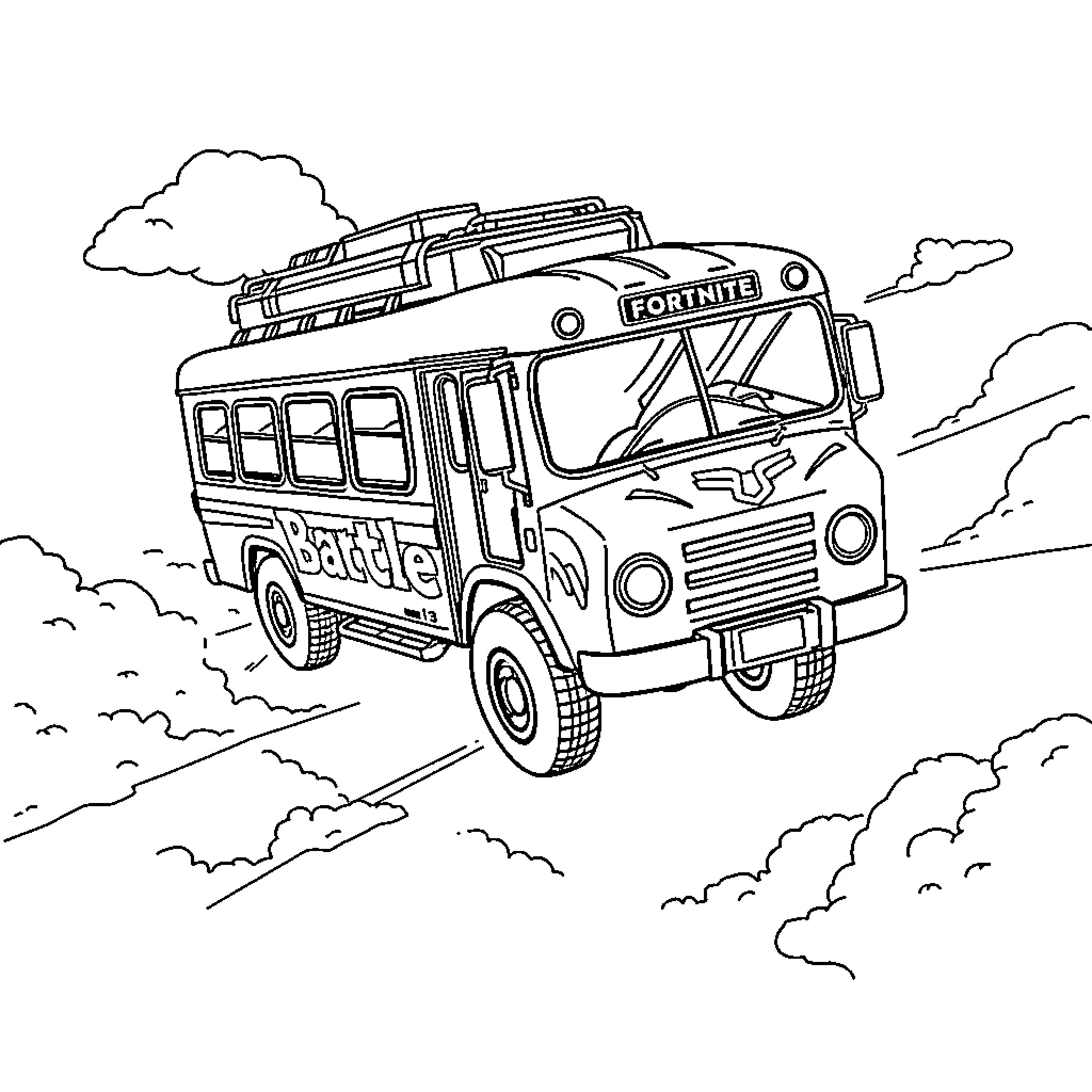 Battle Bus Charges Through the Clouds Coloring Page (free black-and-white line drawing printable PDF for all, from beginners to advanced learners, including children, teens, adults, and seniors)