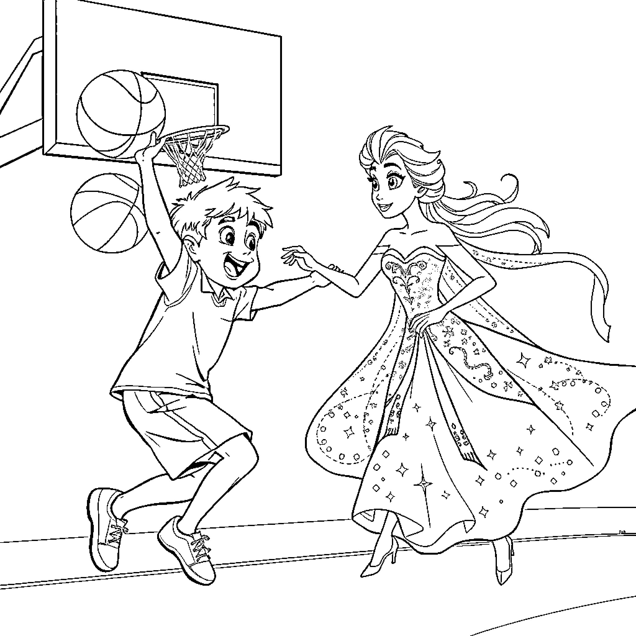 Basketball players enjoying the game together Coloring Page (free black-and-white line drawing printable PDF for all, from beginners to advanced learners, including children, teens, adults, and seniors)