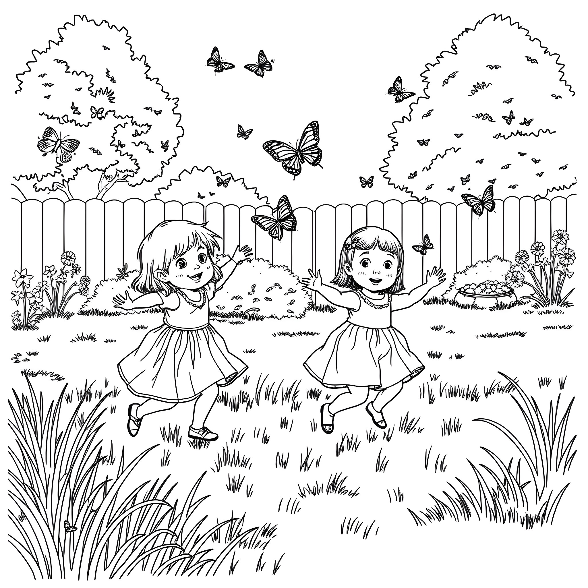 Daughter's Joyful Dance amid Butterflies and Nature Coloring Page (free black-and-white line drawing printable PDF for all, from beginners to advanced learners, including children, teens, adults, and seniors)