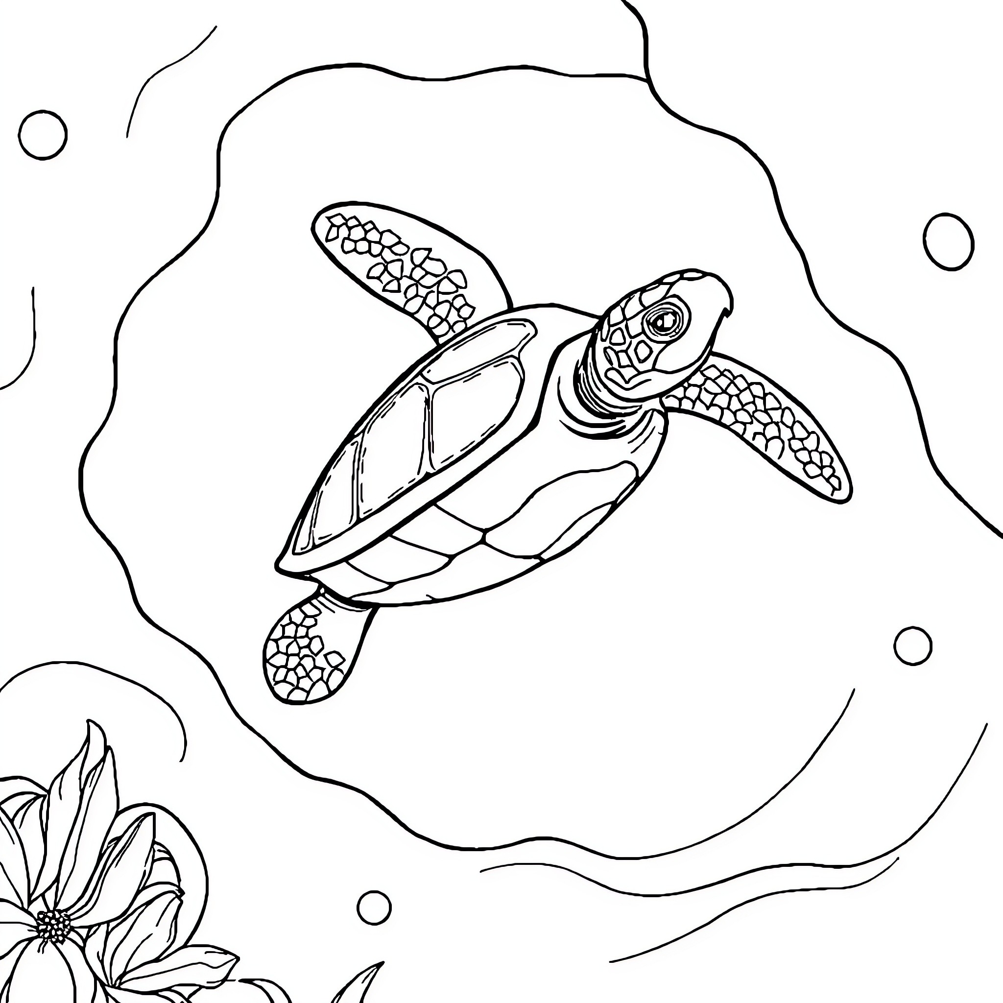Sea Turtle swimming gracefully in underwater scene Coloring Page (free black-and-white line drawing printable PDF for all, from beginners to advanced learners, including children, teens, adults, and seniors)