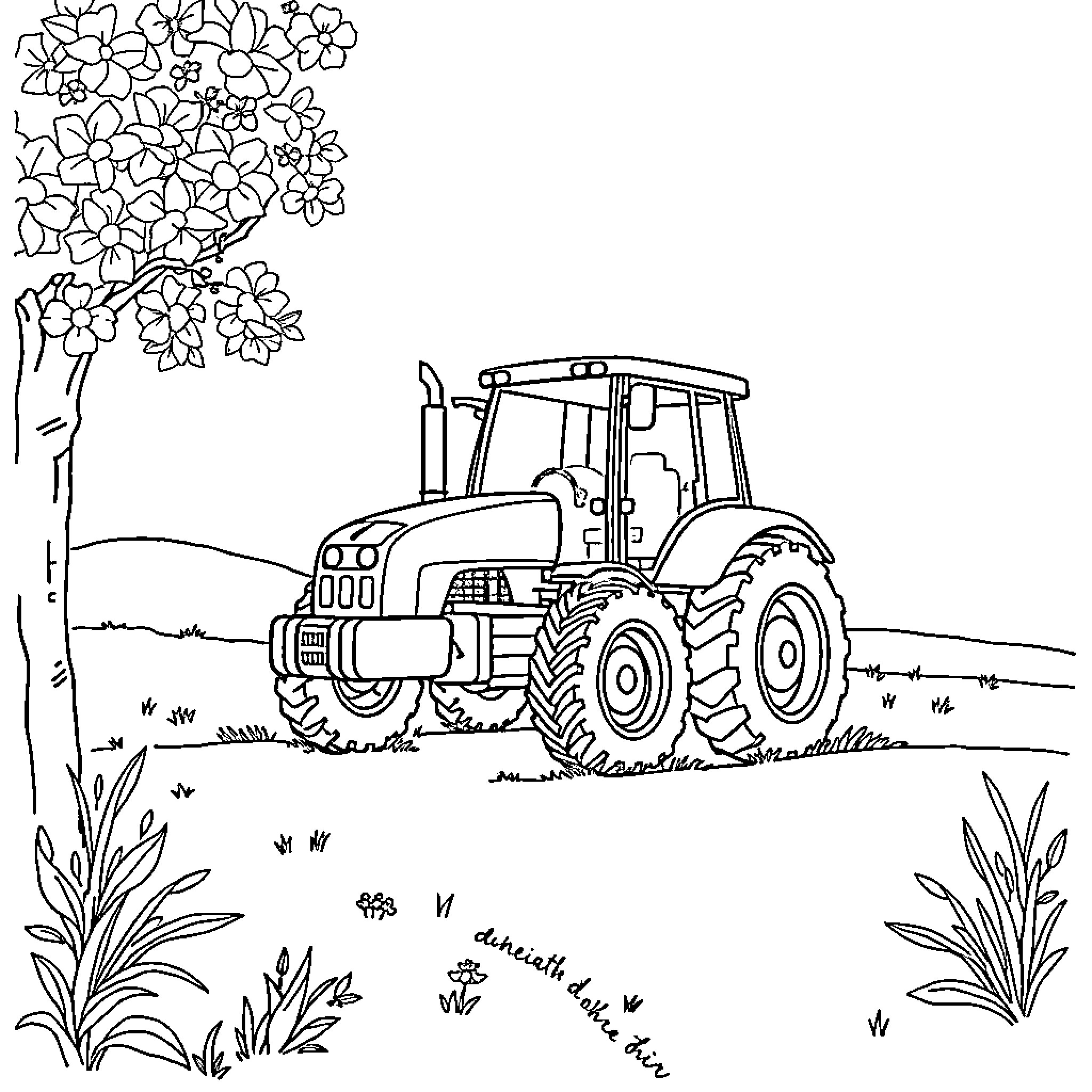 Tractor working in the field with blooming flowers Coloring Page (free black-and-white line drawing printable PDF for all, from beginners to advanced learners, including children, teens, adults, and seniors)