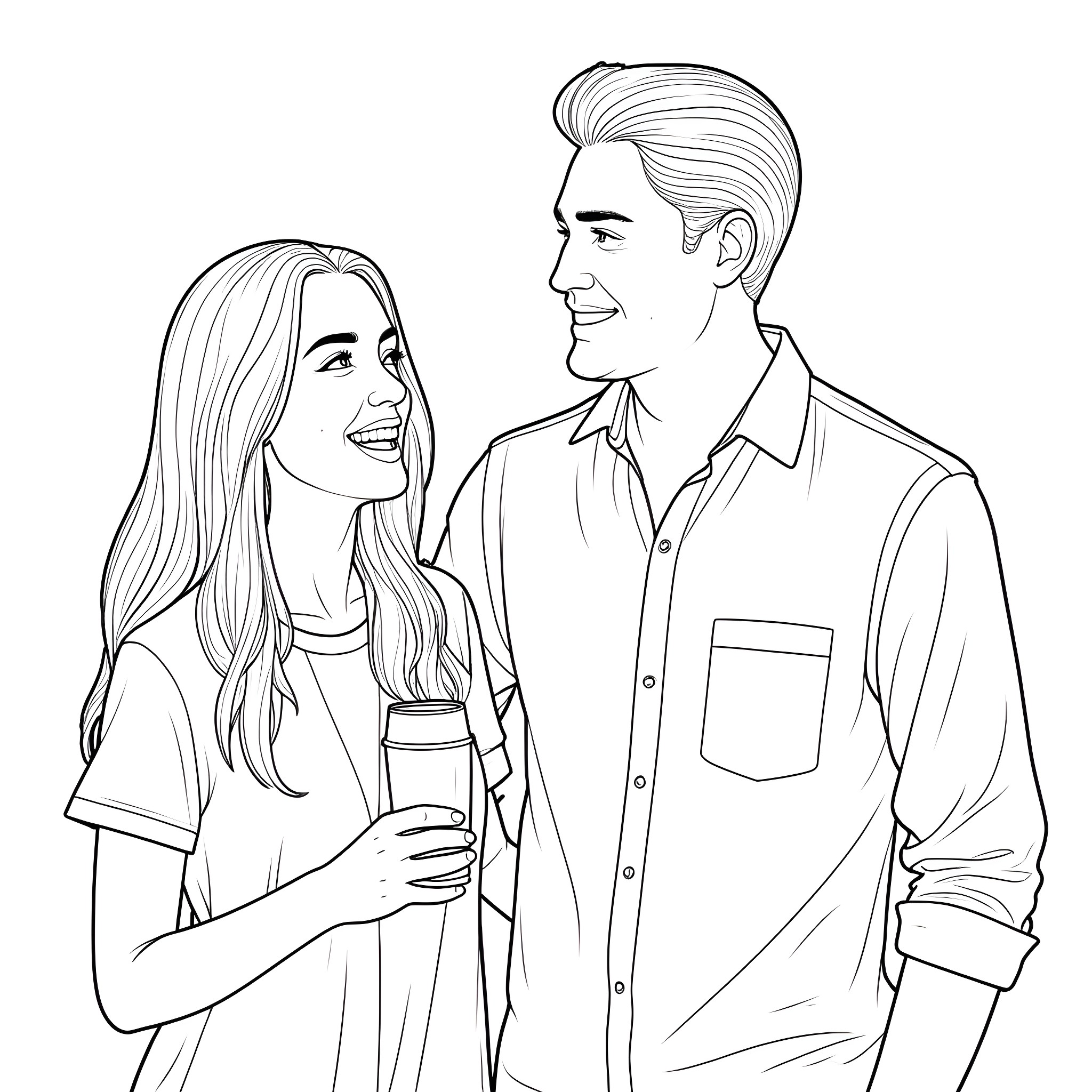Couple enjoying a casual conversation Coloring Page (free black-and-white line drawing printable PDF for all, from beginners to advanced learners, including children, teens, adults, and seniors)