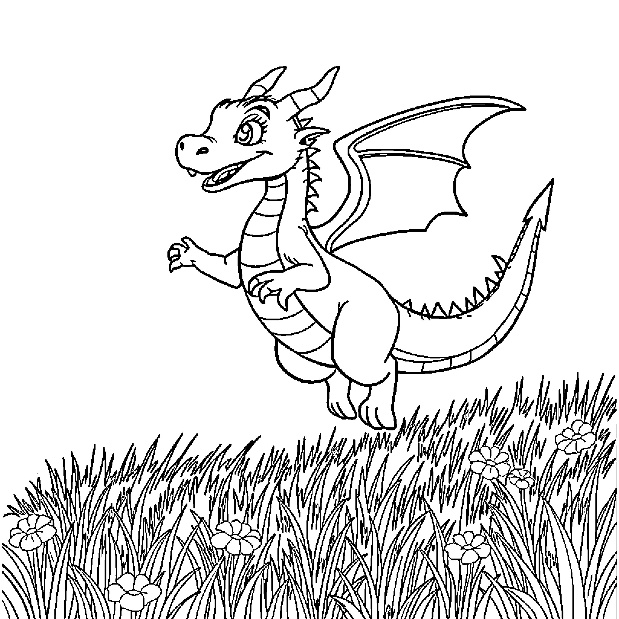 Dragon creature playing in the meadow Coloring Page (free black-and-white line drawing printable PDF for all, from beginners to advanced learners, including children, teens, adults, and seniors)