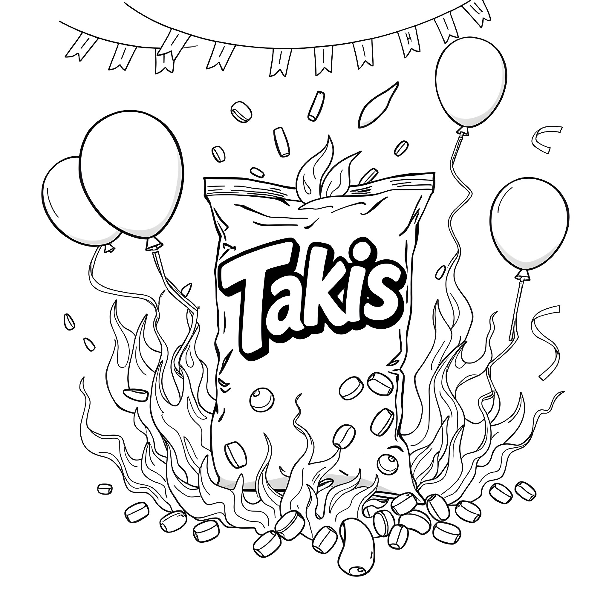 Bag of snacks on fire with celebration decor Coloring Page (free black-and-white line drawing printable PDF for all, from beginners to advanced learners, including children, teens, adults, and seniors)