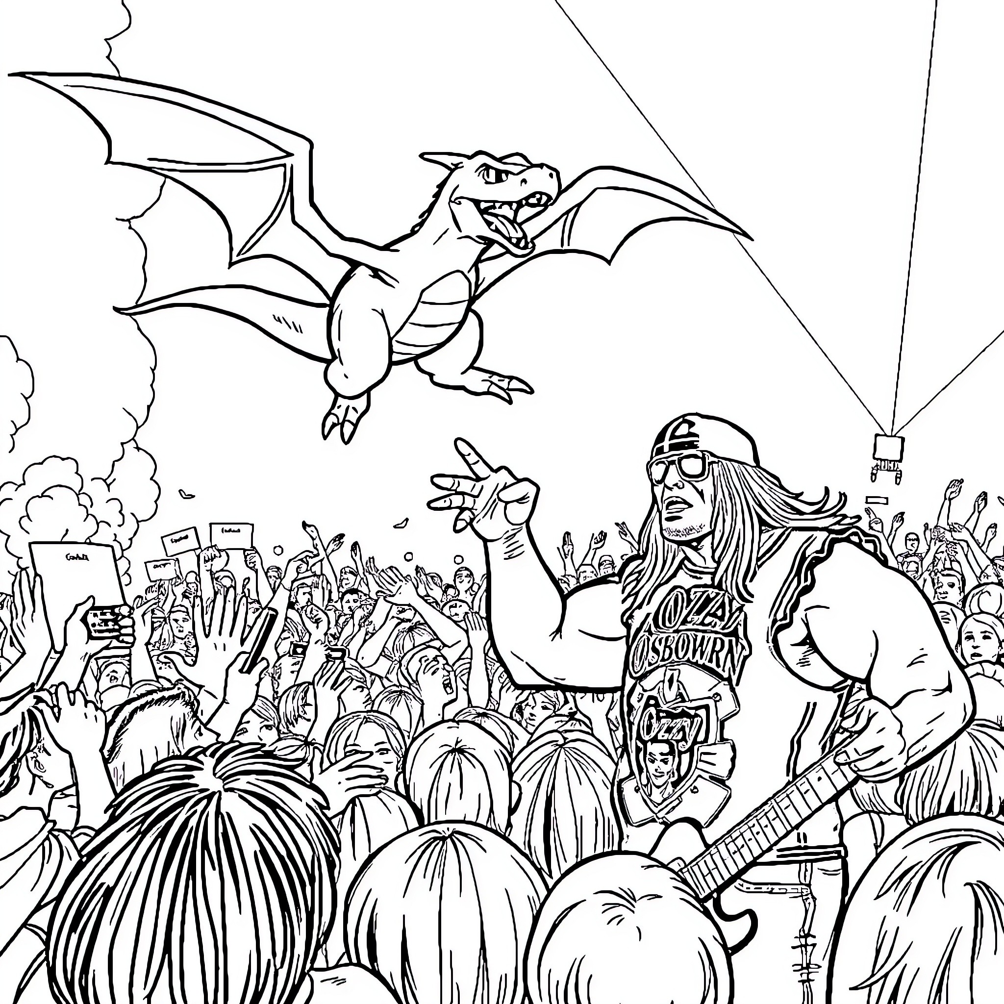 Charizard soaring over a rock music concert Coloring Page (free black-and-white line drawing printable PDF for all, from beginners to advanced learners, including children, teens, adults, and seniors)