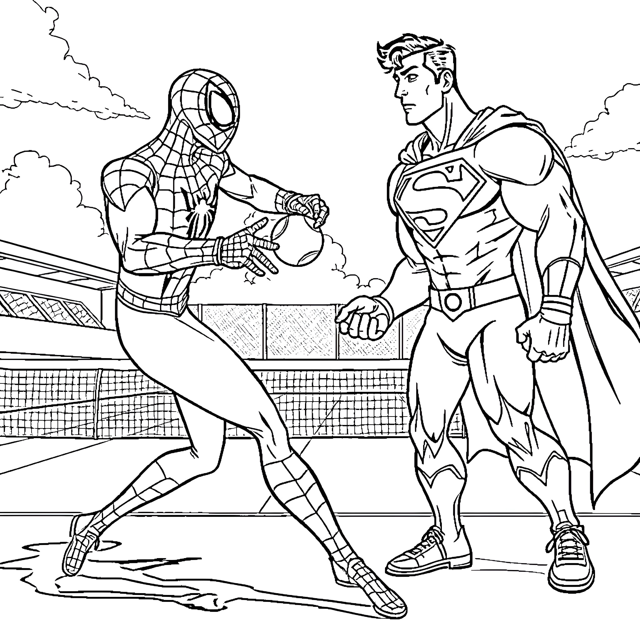 Superhero showdown on the rooftop Coloring Page (free black-and-white line drawing printable PDF for all, from beginners to advanced learners, including children, teens, adults, and seniors)