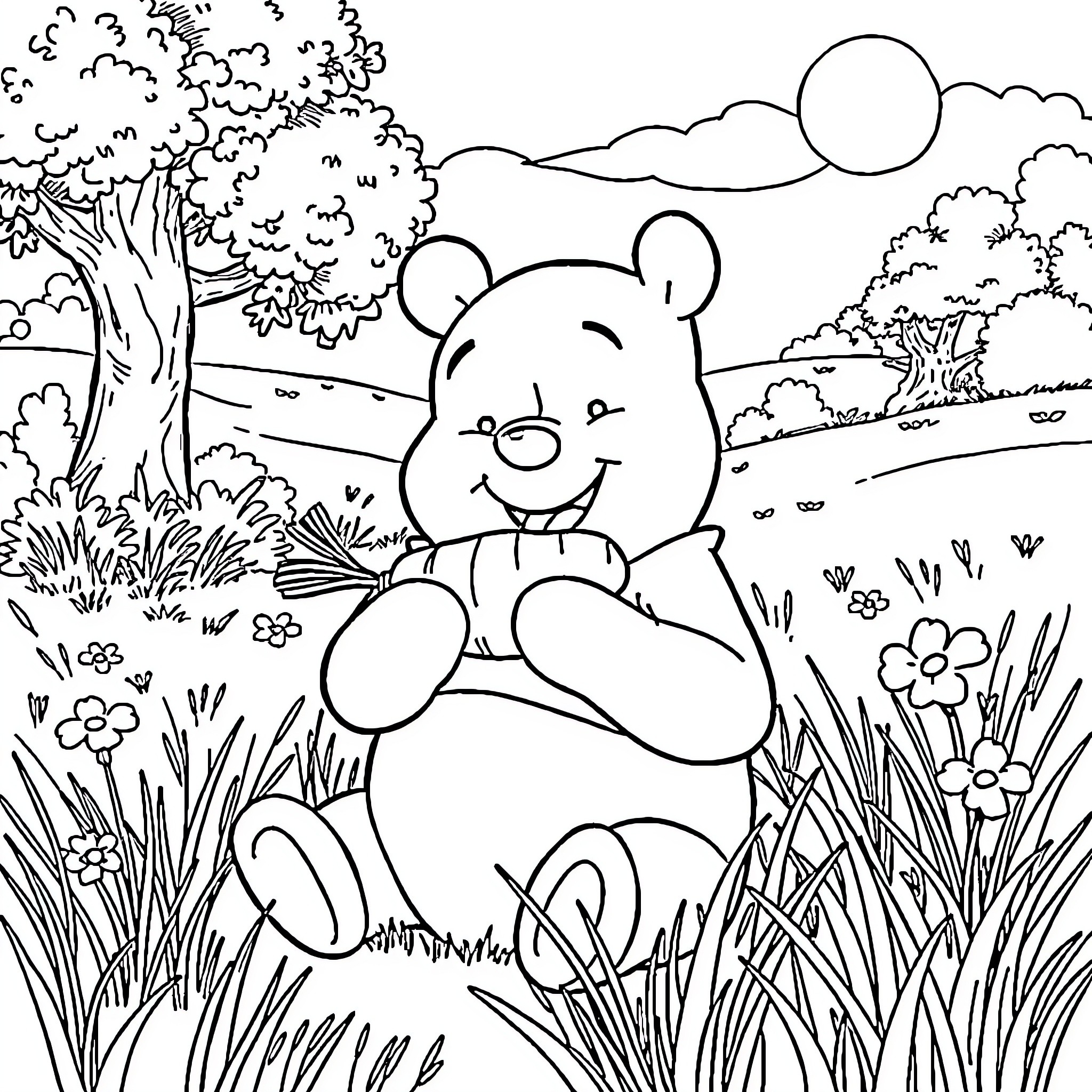 Winnie The Pooh sitting in a peaceful nature scene Coloring Page (free black-and-white line drawing printable PDF for all, from beginners to advanced learners, including children, teens, adults, and seniors)