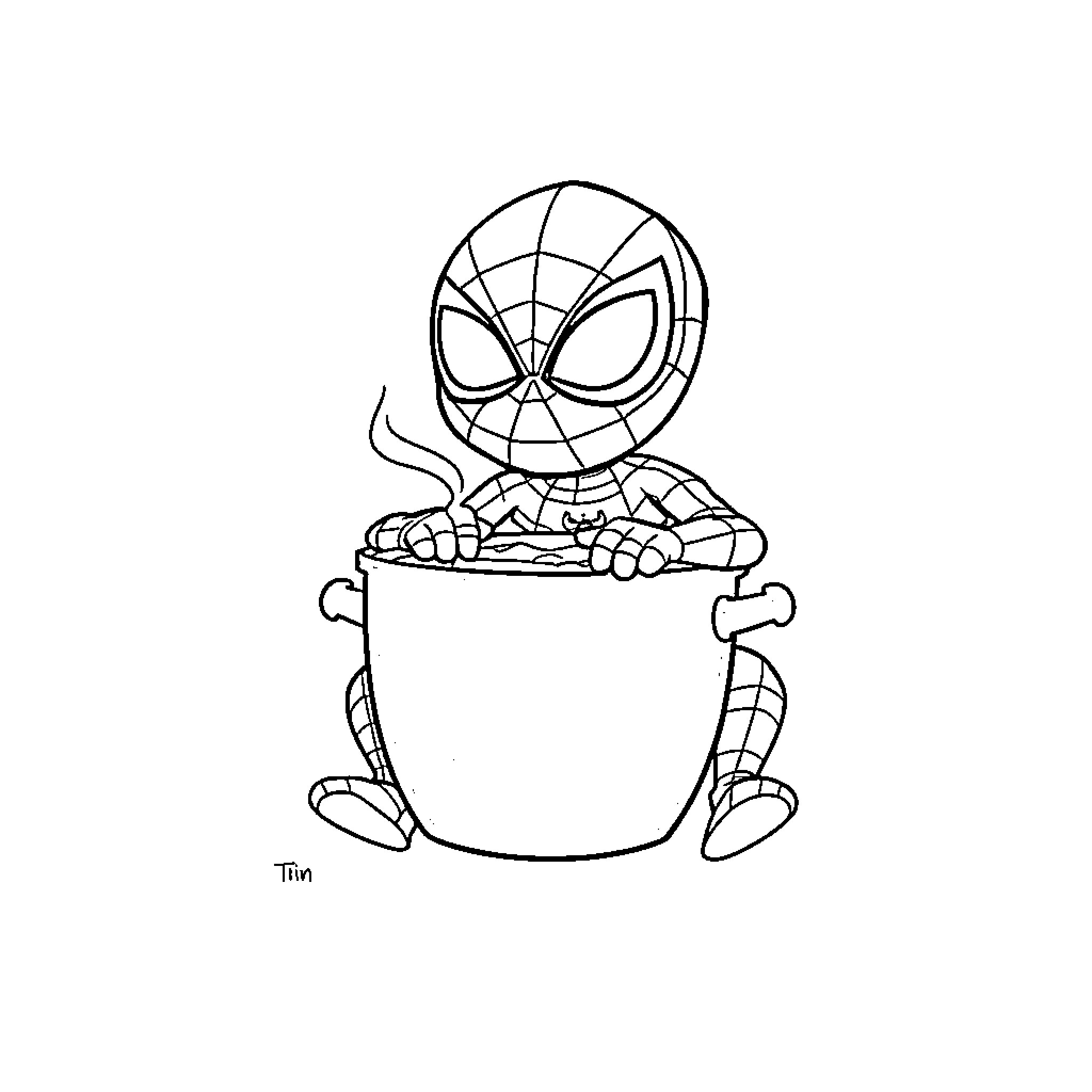 Spidey sitting in a cup Coloring Page (free black-and-white line drawing printable PDF for all, from beginners to advanced learners, including children, teens, adults, and seniors)