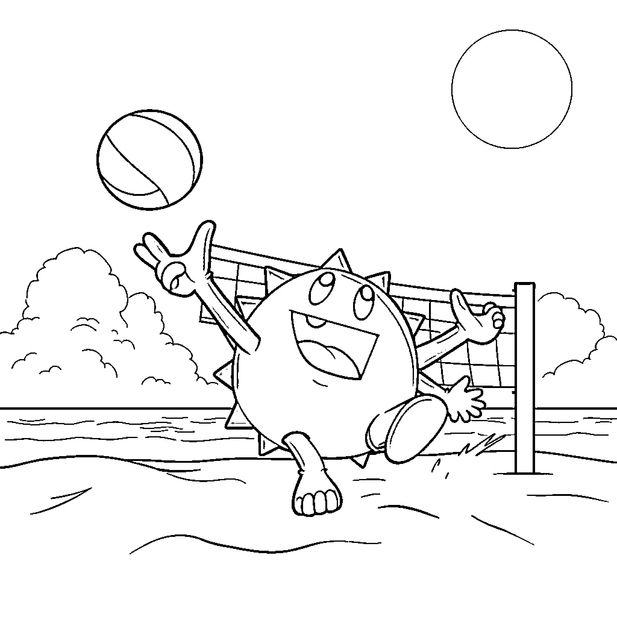 Blood Goomba playing beach volleyball on the shore Coloring Page (free black-and-white line drawing printable PDF for all, from beginners to advanced learners, including children, teens, adults, and seniors)