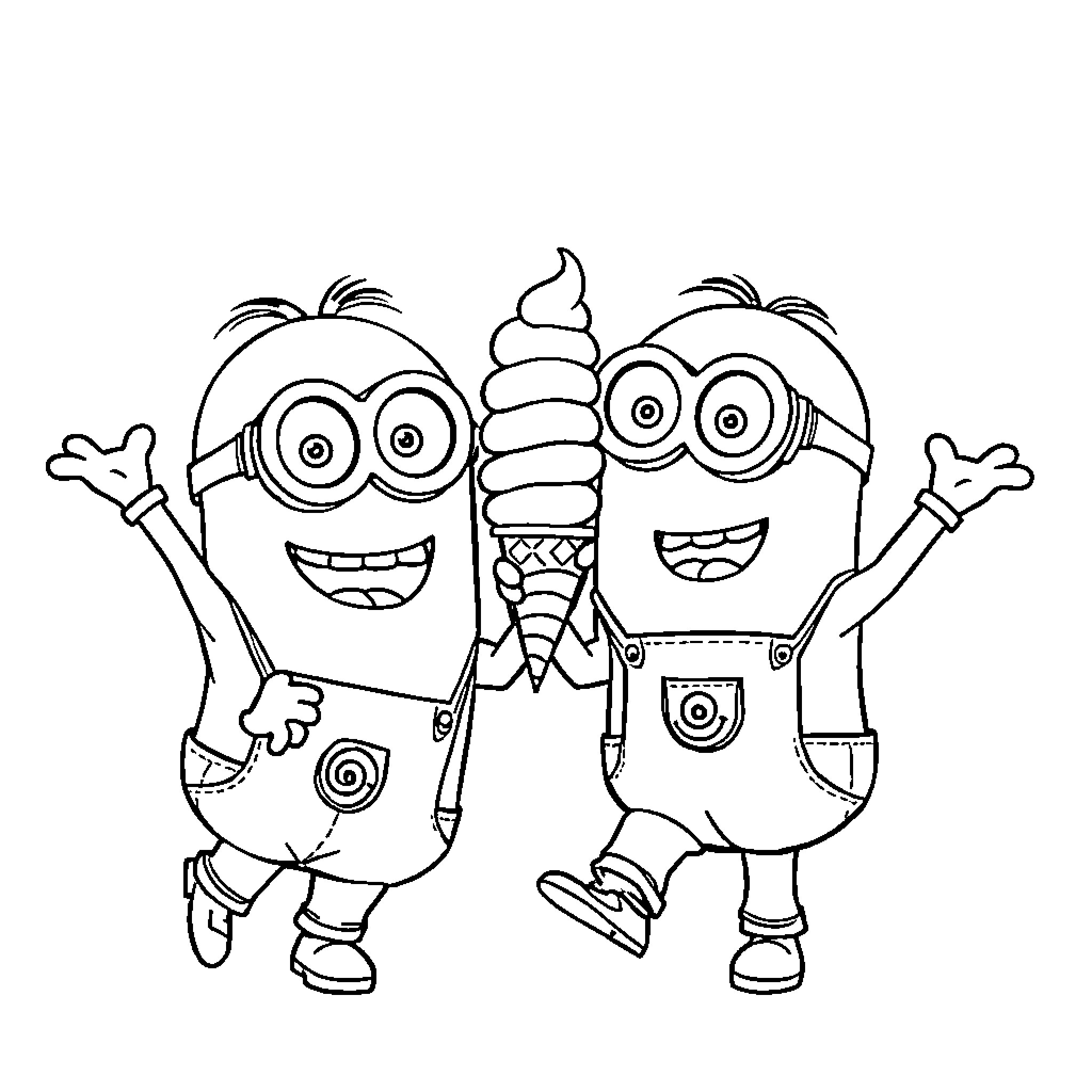 Minions enjoying an ice cream cone together Coloring Page (free black-and-white line drawing printable PDF for all, from beginners to advanced learners, including children, teens, adults, and seniors)