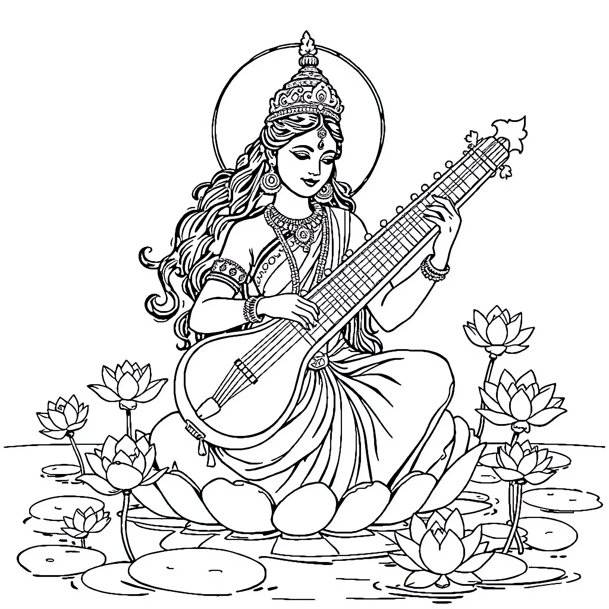 Saraswati playing the sitar amidst lotus flowers Coloring Page (free black-and-white line drawing printable PDF for all, from beginners to advanced learners, including children, teens, adults, and seniors)