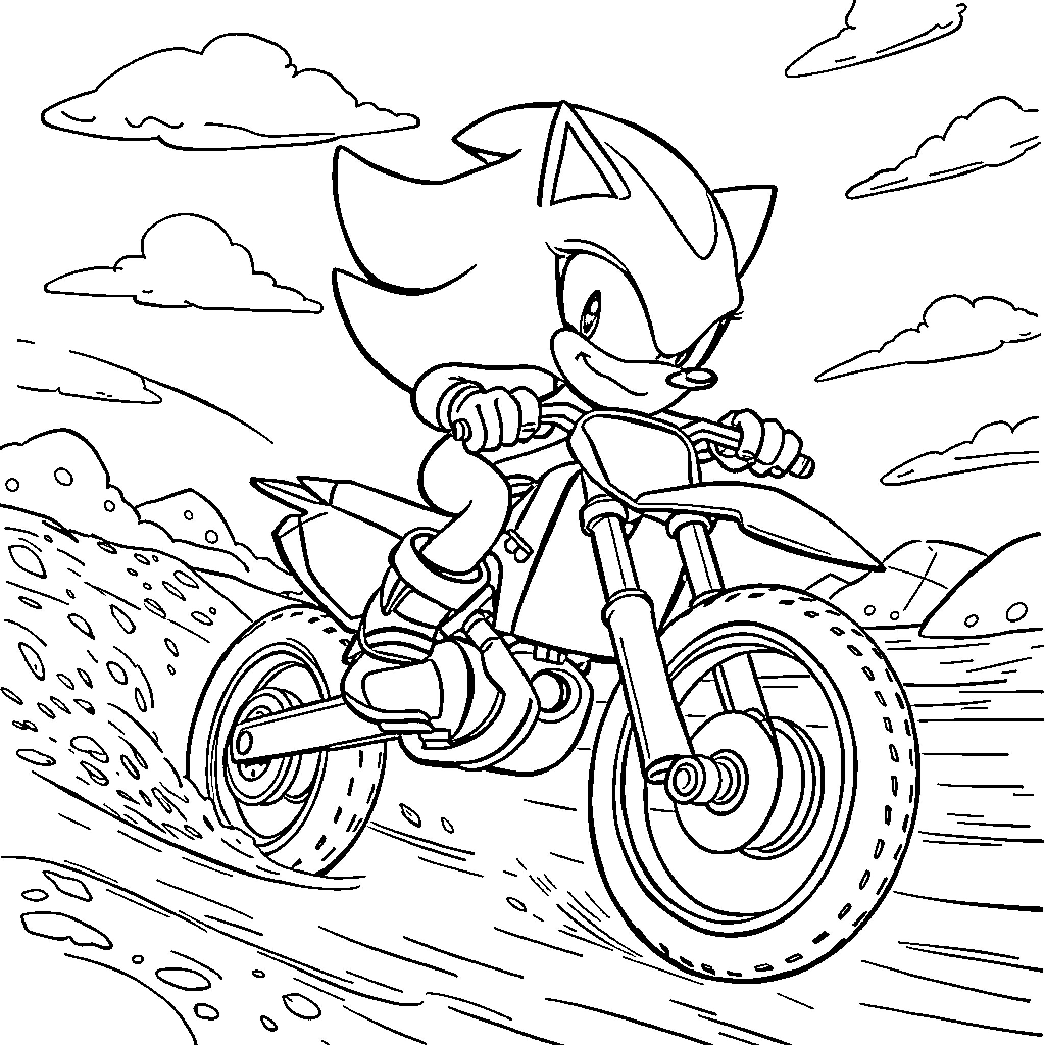 Shadow of Speeding Racer on the Trail Coloring Page (free black-and-white line drawing printable PDF for all, from beginners to advanced learners, including children, teens, adults, and seniors)