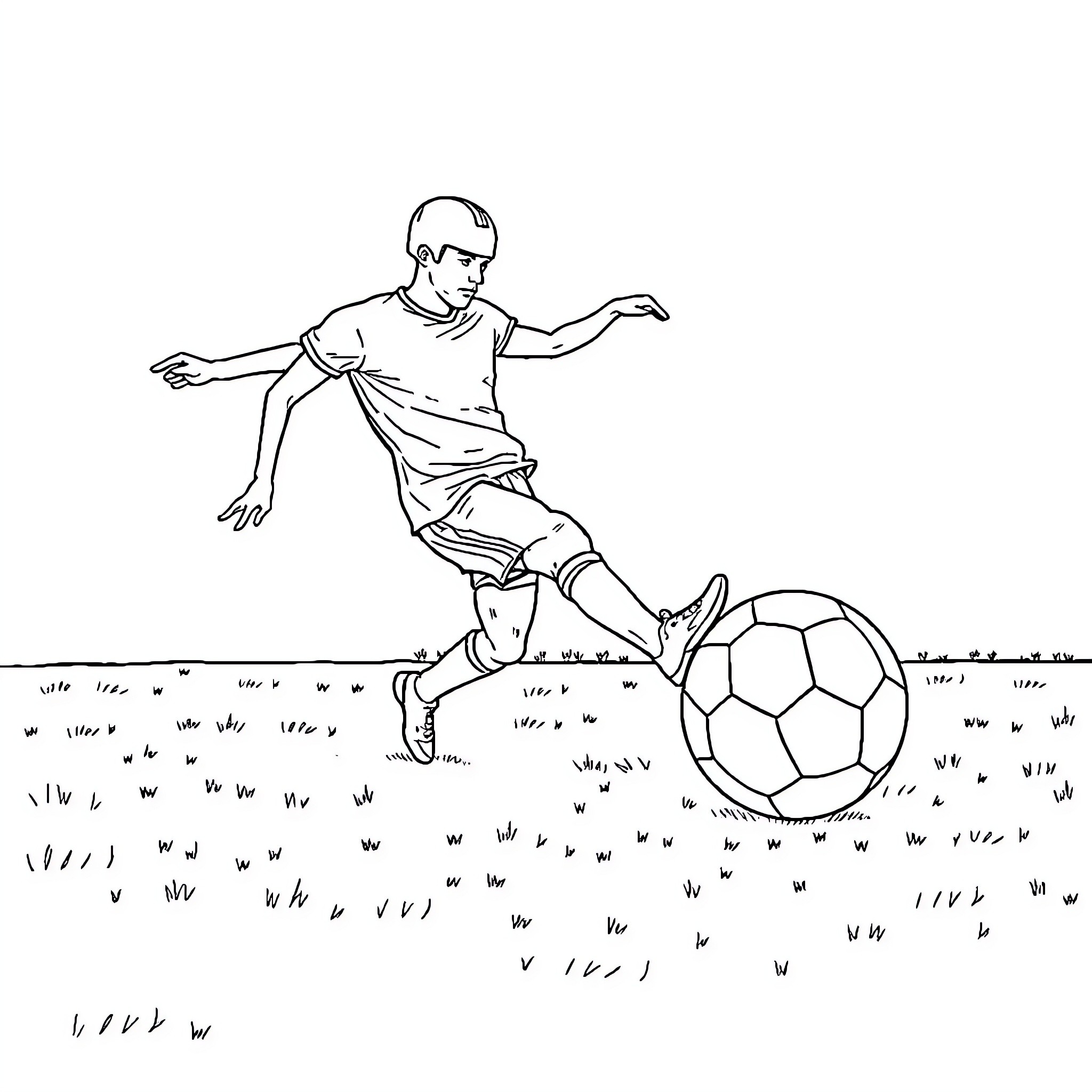 Football player kicking ball on grassy field Coloring Page (free black-and-white line drawing printable PDF for all, from beginners to advanced learners, including children, teens, adults, and seniors)