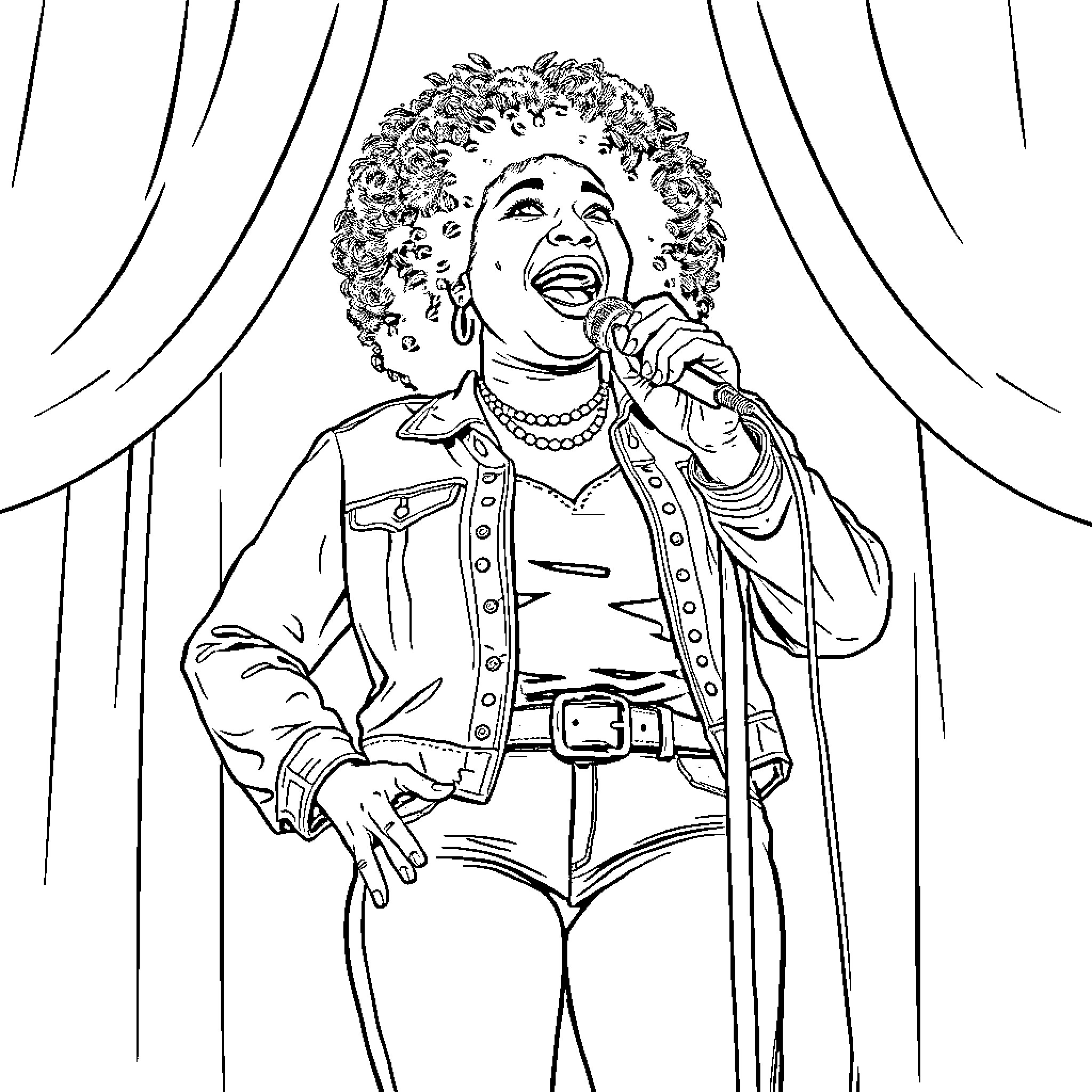 Chappell Roan performing on stage with confidence Coloring Page (free black-and-white line drawing printable PDF for all, from beginners to advanced learners, including children, teens, adults, and seniors)