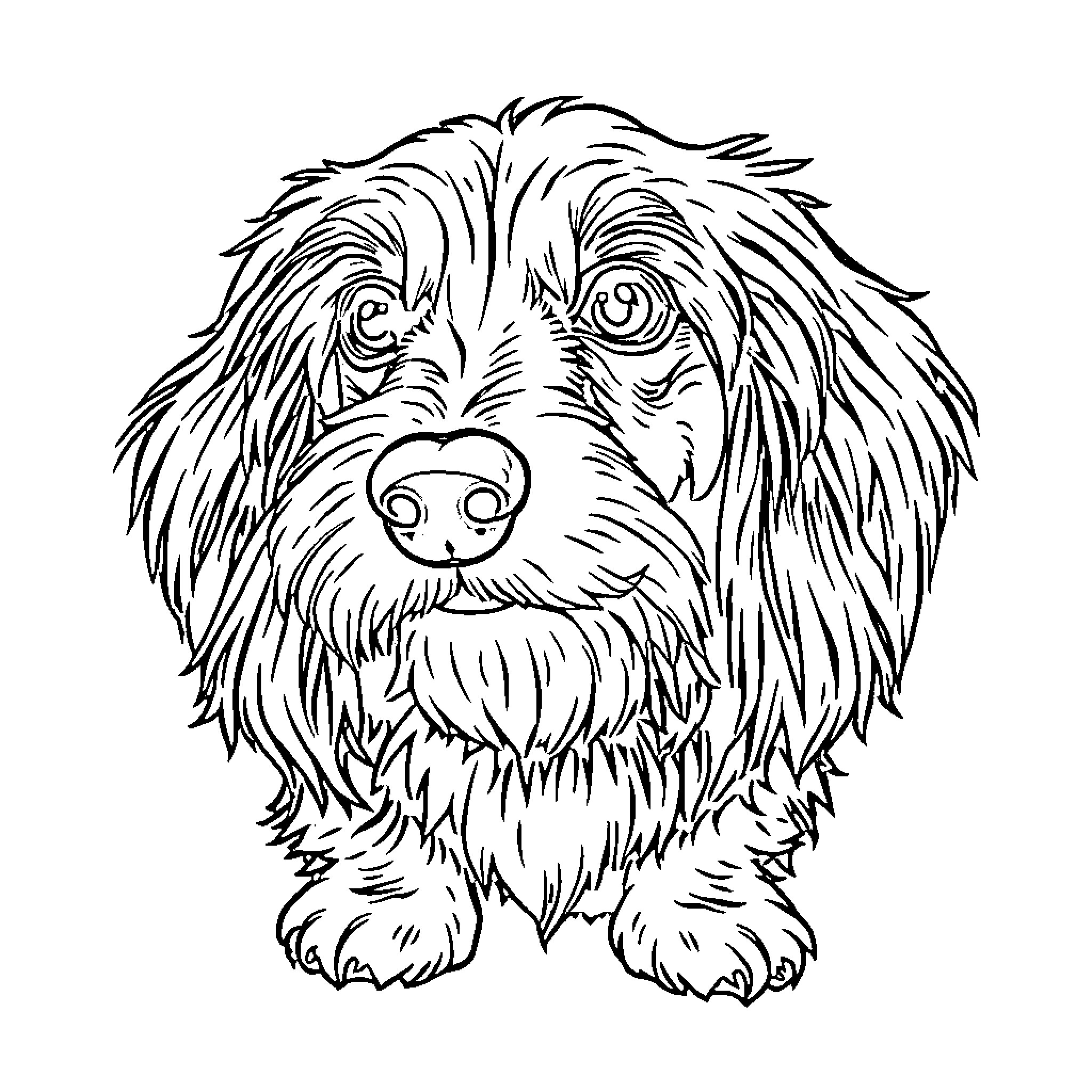 One Eyed Longhaired Dachshund Sitting Attentively Coloring Page (free black-and-white line drawing printable PDF for all, from beginners to advanced learners, including children, teens, adults, and seniors)