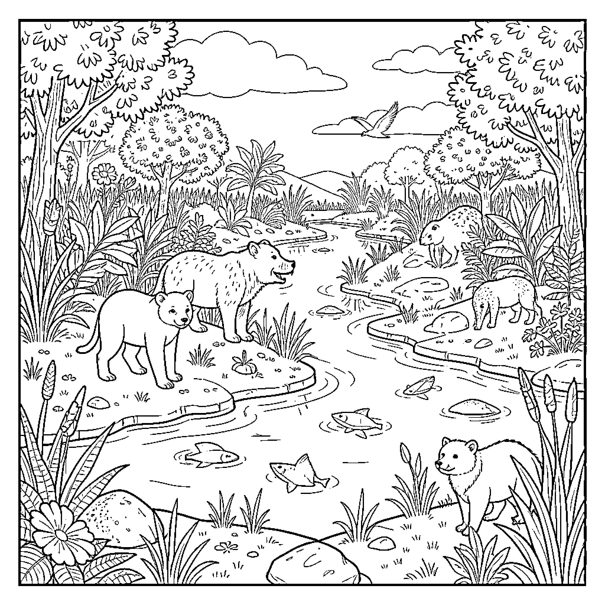Ecosystem of wild animals in the forest Coloring Page (free black-and-white line drawing printable PDF for all, from beginners to advanced learners, including children, teens, adults, and seniors)