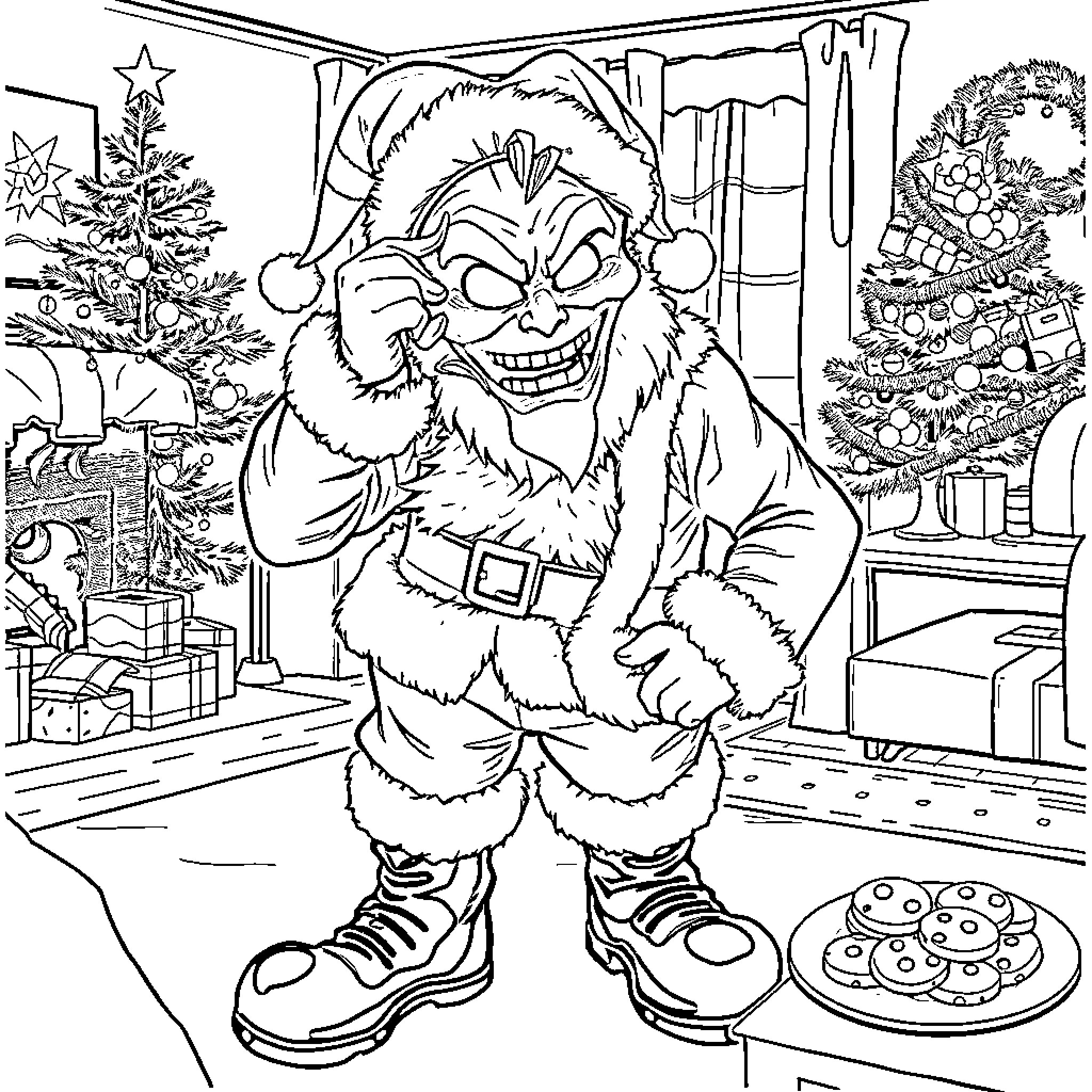 Santa Enjoying Festive Treats and Decorations Coloring Page (free black-and-white line drawing printable PDF for all, from beginners to advanced learners, including children, teens, adults, and seniors)