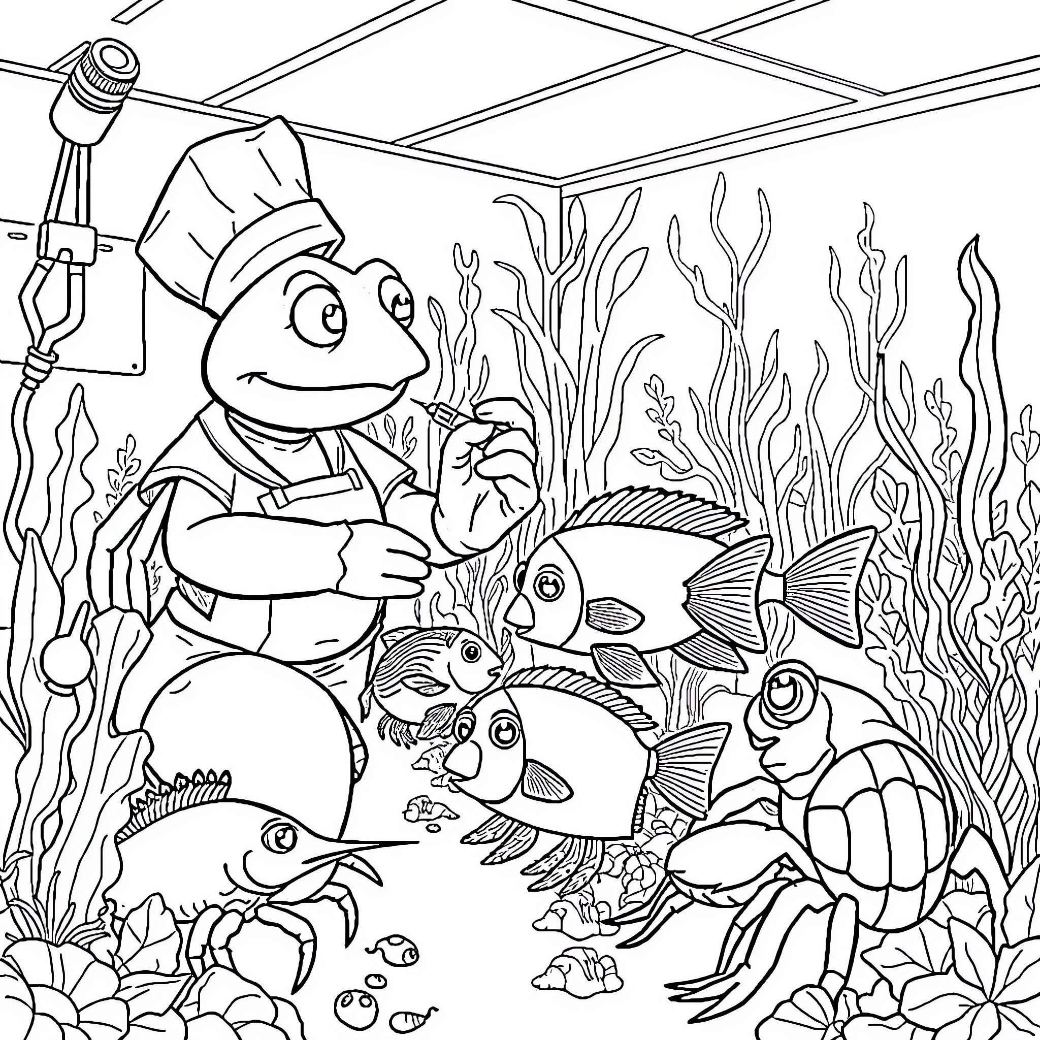 Crab chef cooking with sea creatures in underwater kitchen Coloring Page (free black-and-white line drawing printable PDF for all, from beginners to advanced learners, including children, teens, adults, and seniors)