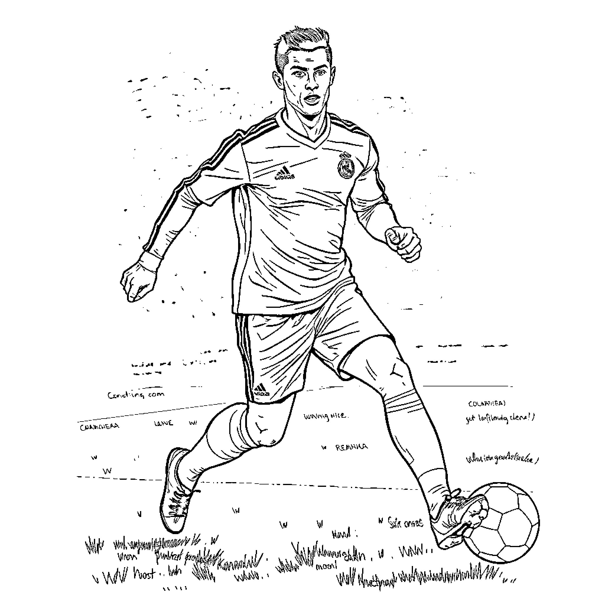 Cristiano Ronaldo playing soccer passionately on the field Coloring Page (free black-and-white line drawing printable PDF for all, from beginners to advanced learners, including children, teens, adults, and seniors)