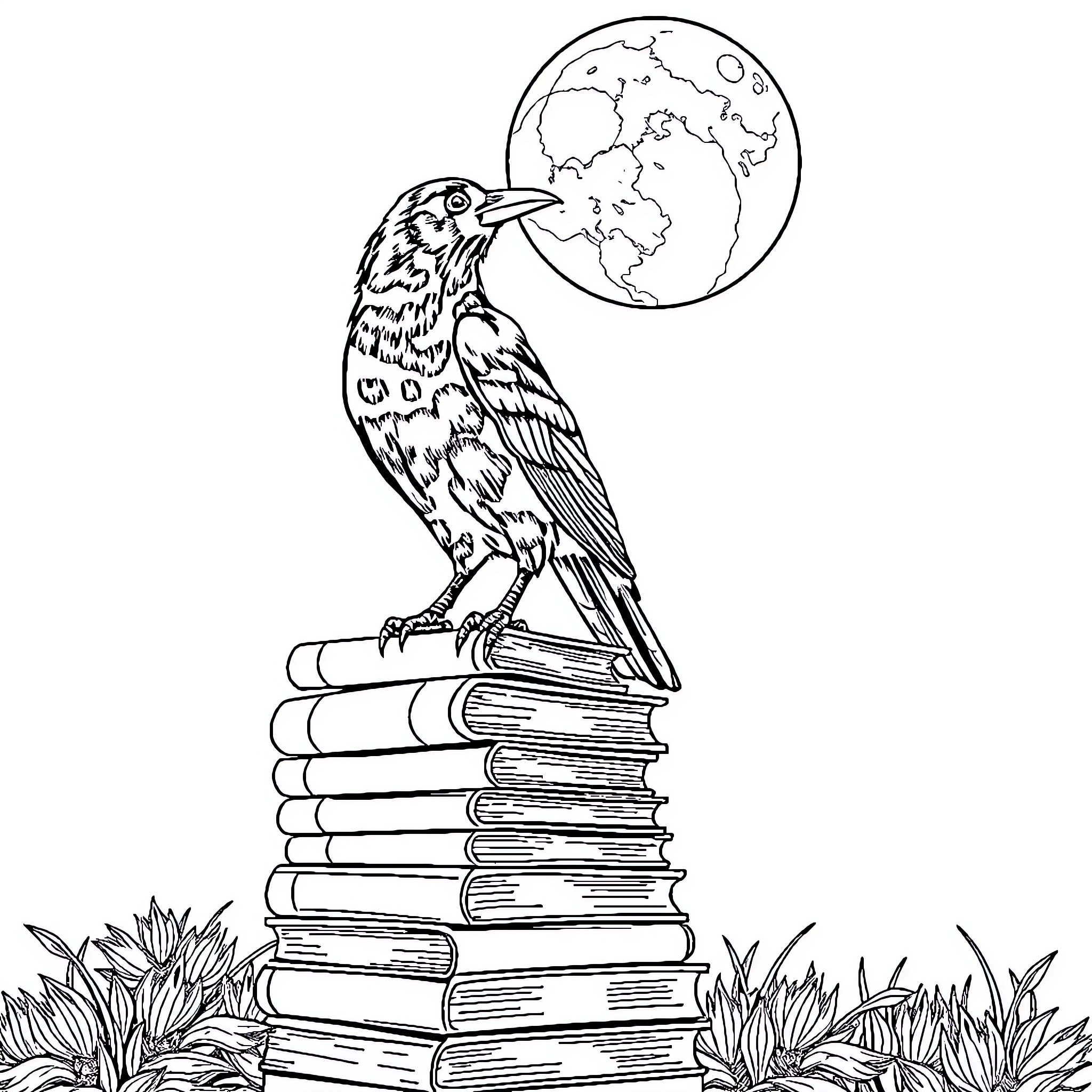 Crow perched on a stack of books under the moon Coloring Page (free black-and-white line drawing printable PDF for all, from beginners to advanced learners, including children, teens, adults, and seniors)