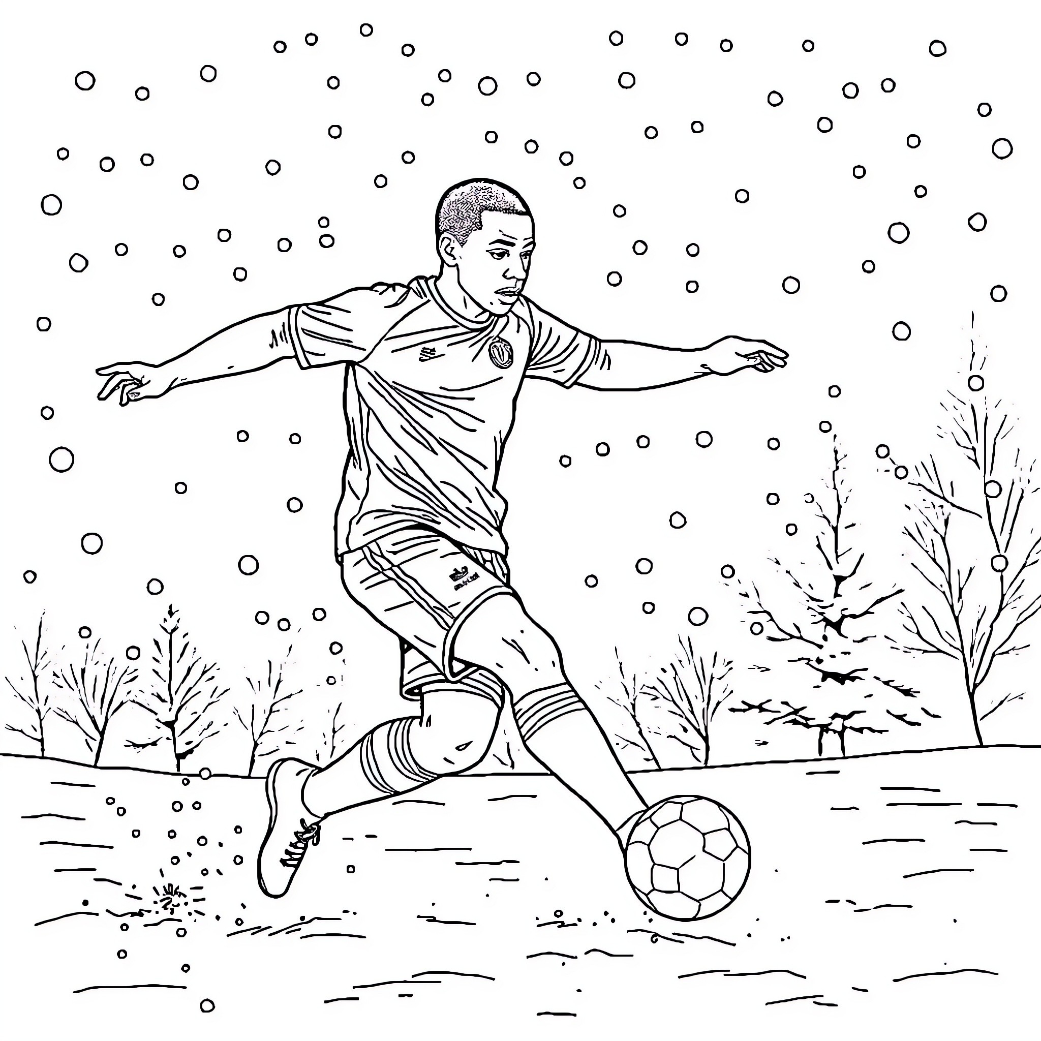 Mbappe playing soccer in a snowy field Coloring Page (free black-and-white line drawing printable PDF for all, from beginners to advanced learners, including children, teens, adults, and seniors)