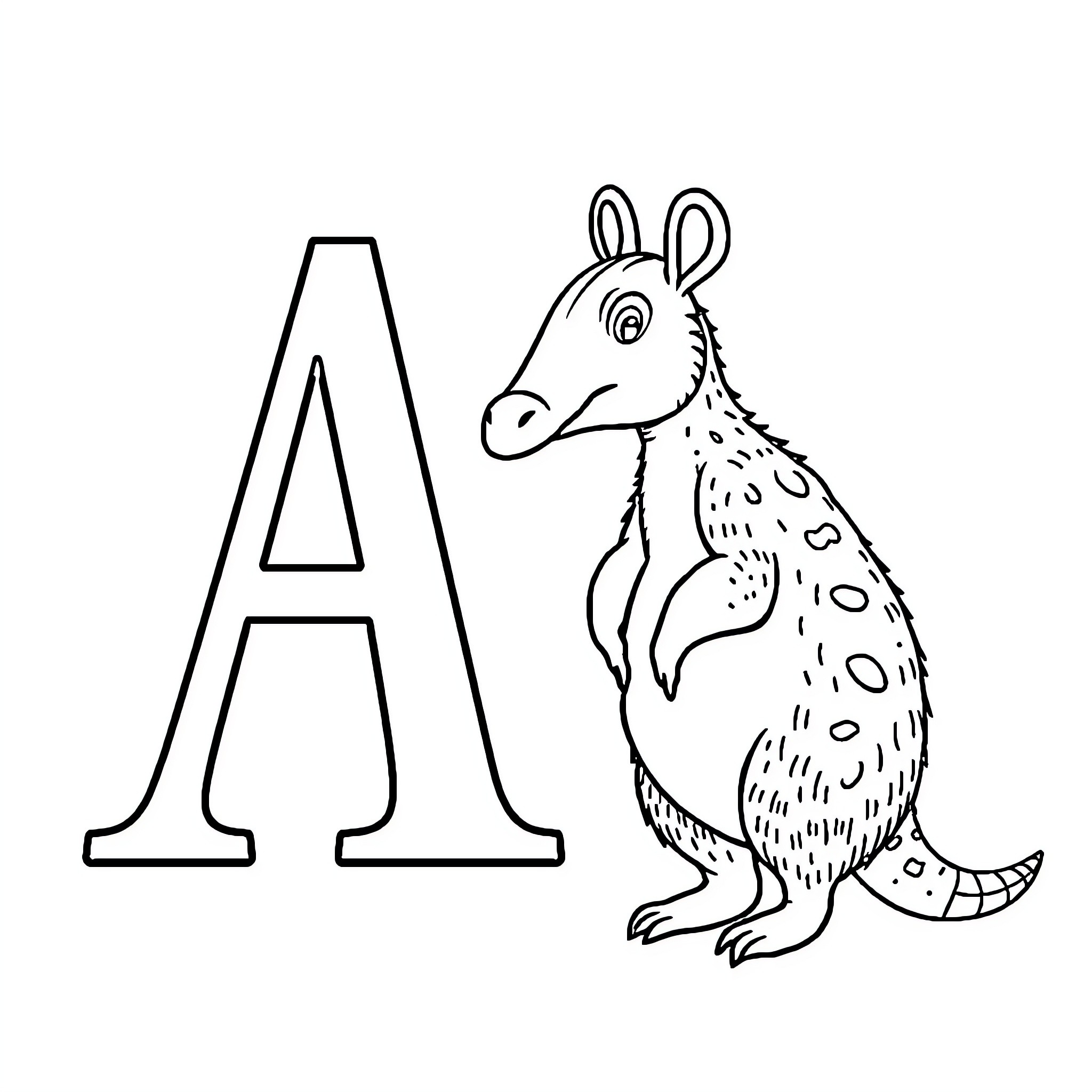 Aardvark standing next to large letter A Coloring Page (free black-and-white line drawing printable PDF for all, from beginners to advanced learners, including children, teens, adults, and seniors)