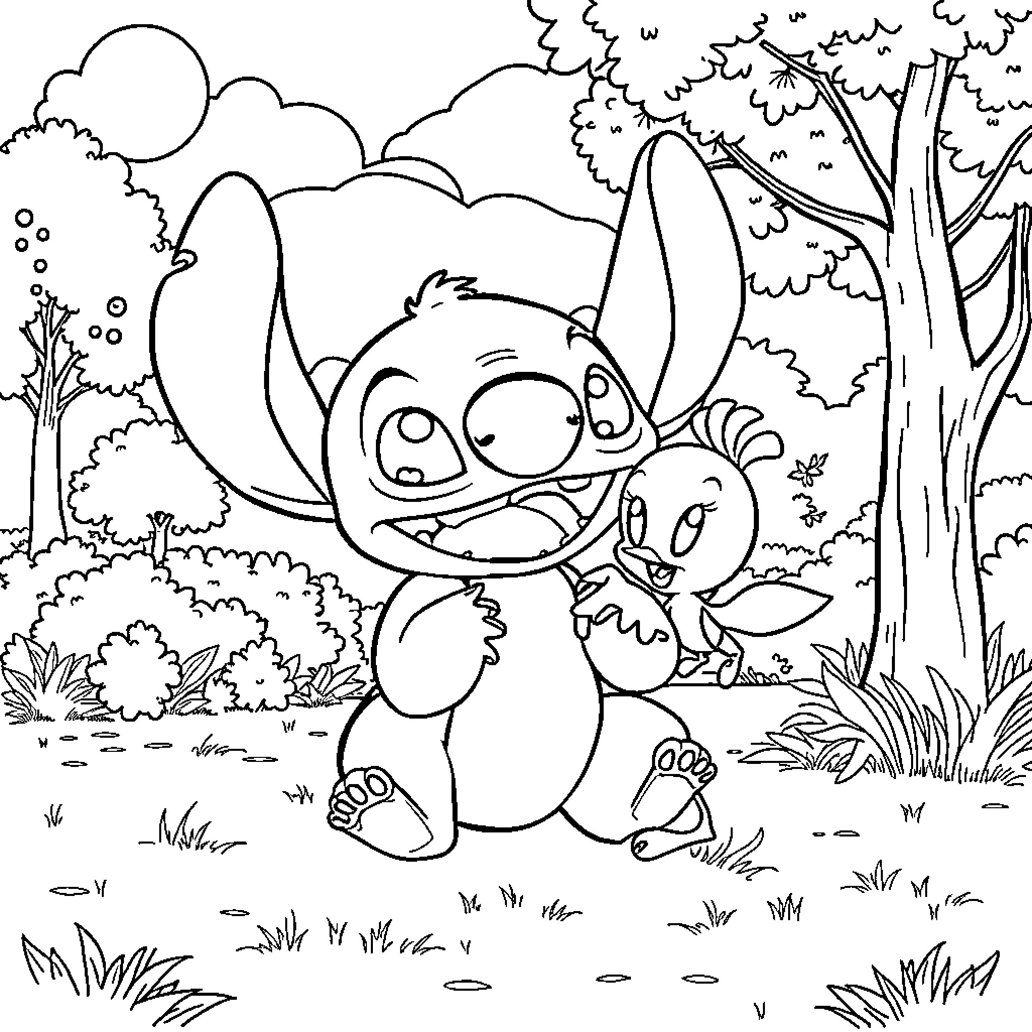 Stitch and Friend Explore the Enchanted Forest Coloring Page (free black-and-white line drawing printable PDF for all, from beginners to advanced learners, including children, teens, adults, and seniors)