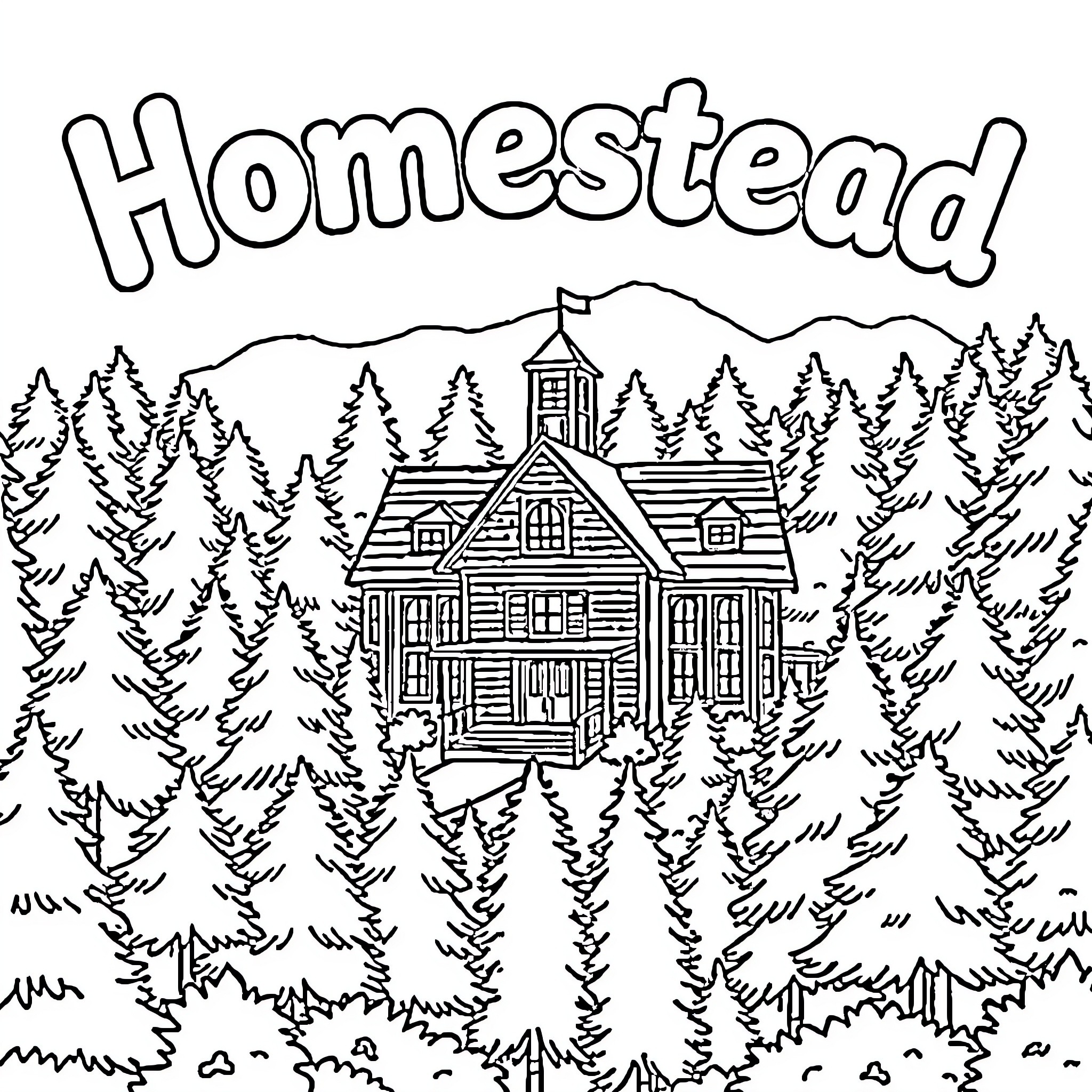 Schoolhouse in a cozy forest setting Coloring Page (free black-and-white line drawing printable PDF for all, from beginners to advanced learners, including children, teens, adults, and seniors)