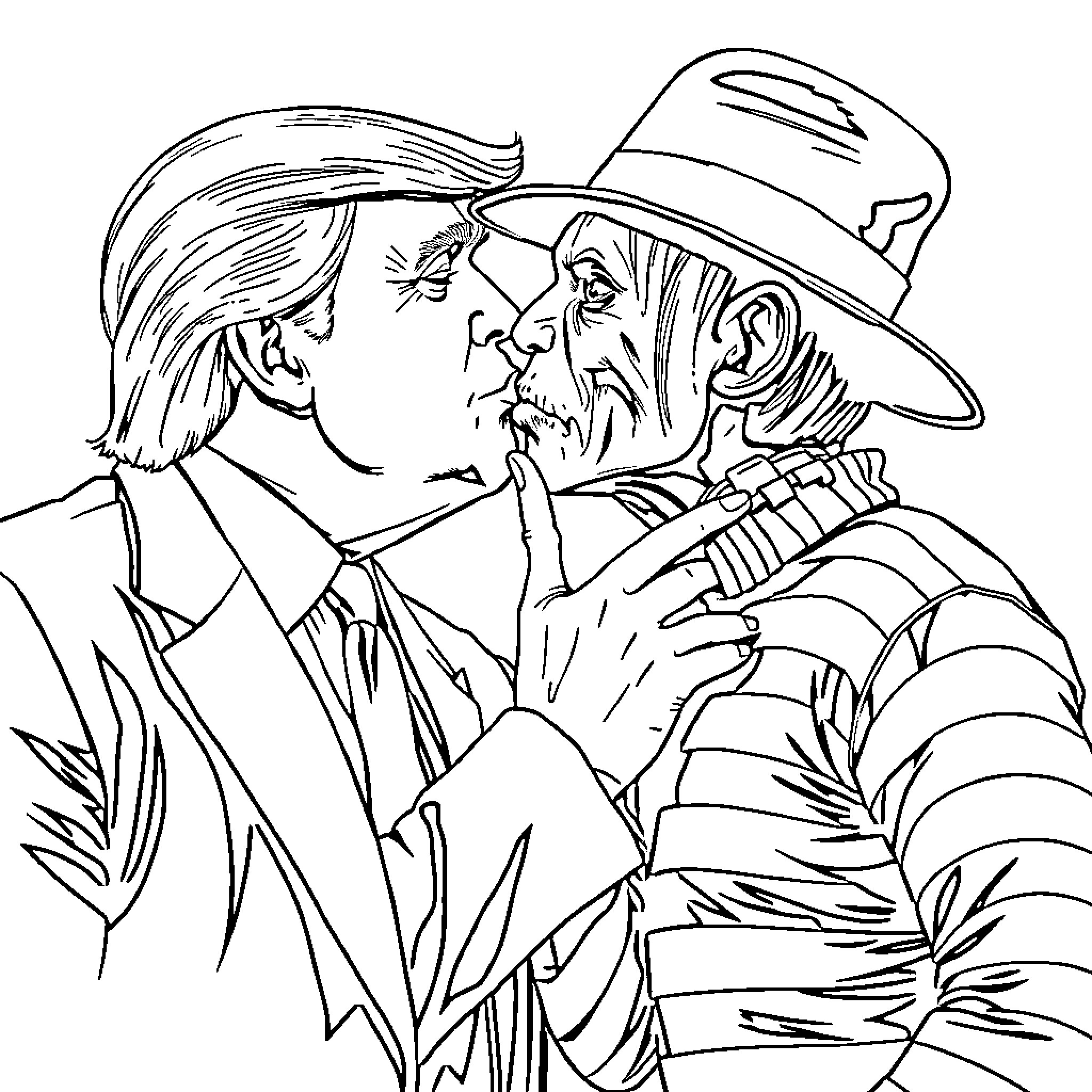 Donald Trump confronting an older man in a cowboy hat Coloring Page (free black-and-white line drawing printable PDF for all, from beginners to advanced learners, including children, teens, adults, and seniors)