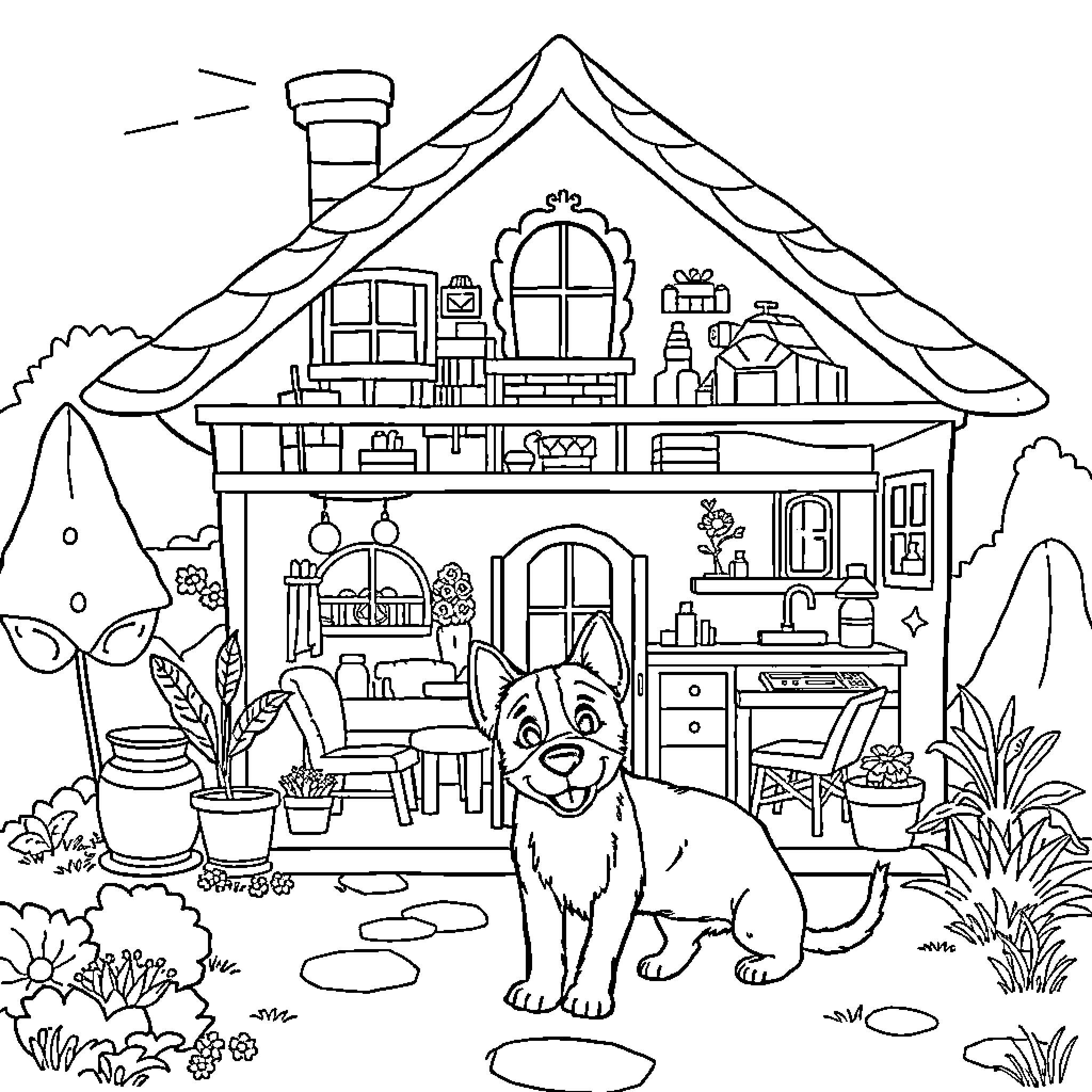 Bluey playing outside her cozy house Coloring Page (free black-and-white line drawing printable PDF for all, from beginners to advanced learners, including children, teens, adults, and seniors)