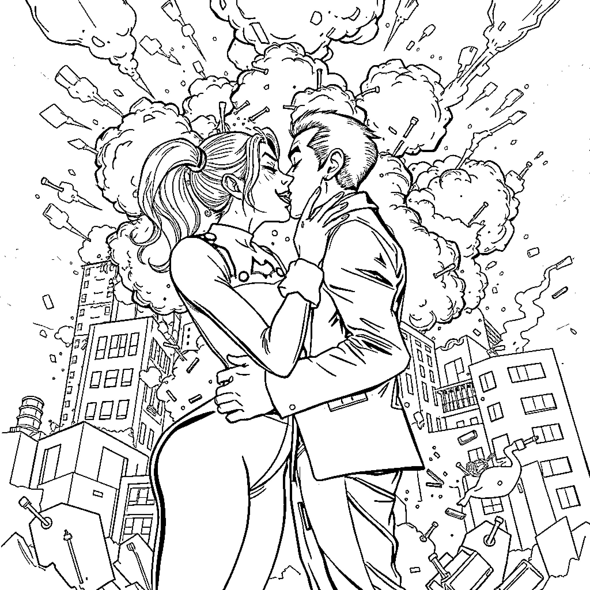 Harley Quinn and Joker embrace amidst chaos Coloring Page (free black-and-white line drawing printable PDF for all, from beginners to advanced learners, including children, teens, adults, and seniors)