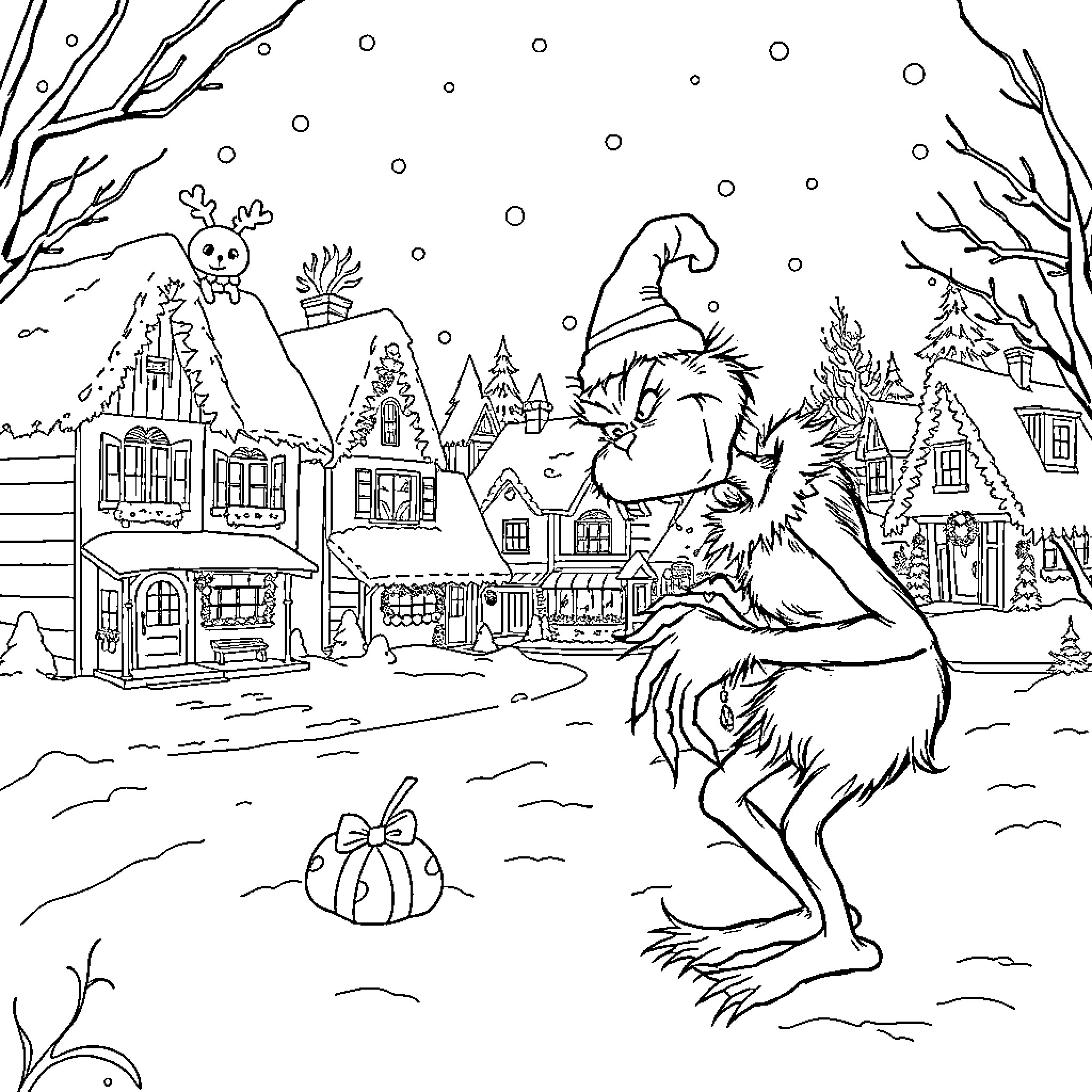 Grinch enjoying a snowy winter scene in a village Coloring Page (free black-and-white line drawing printable PDF for all, from beginners to advanced learners, including children, teens, adults, and seniors)