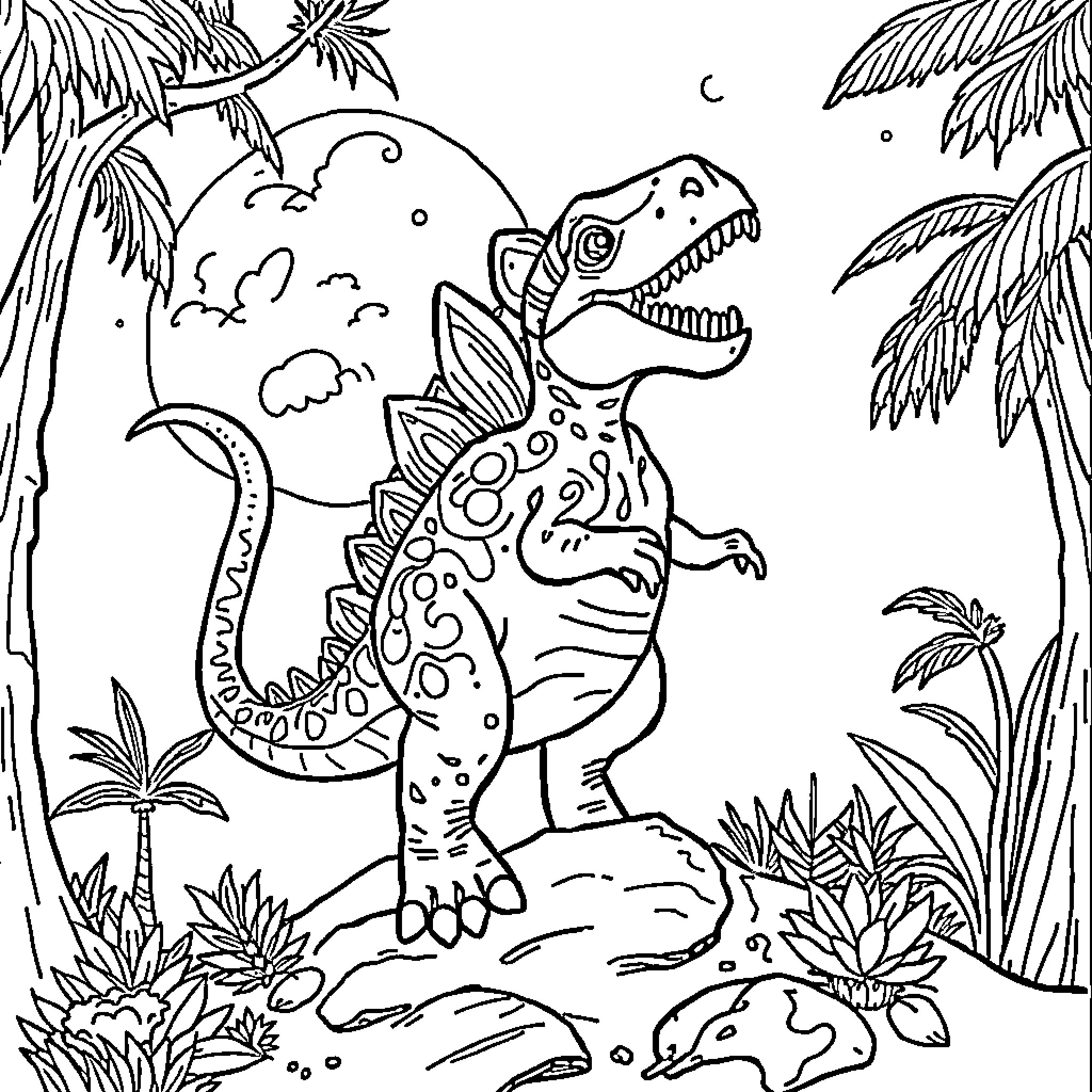 Dinosaur Roaring in Prehistoric Jungle Landscape Coloring Page (free black-and-white line drawing printable PDF for all, from beginners to advanced learners, including children, teens, adults, and seniors)