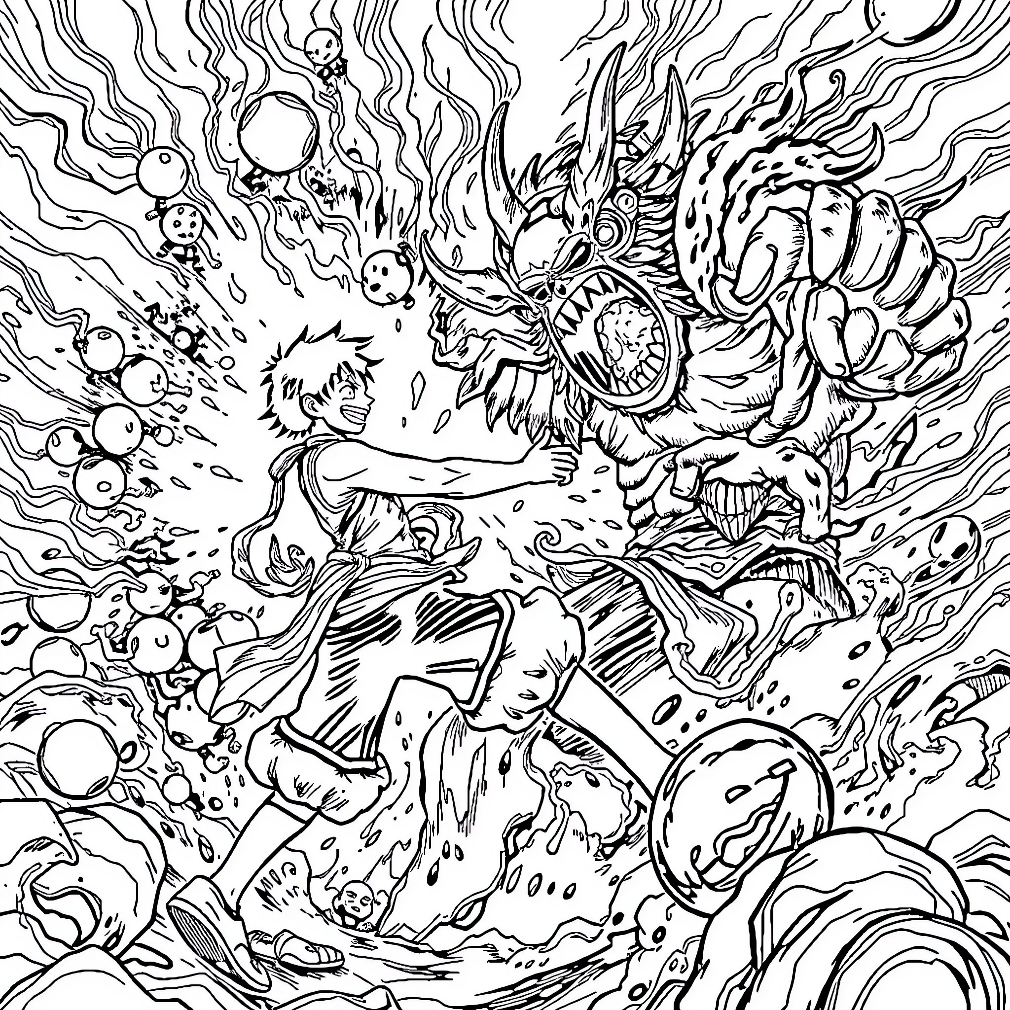 Luffy's Fiery Adventure with Fantastical Creatures Coloring Page (free black-and-white line drawing printable PDF for all, from beginners to advanced learners, including children, teens, adults, and seniors)