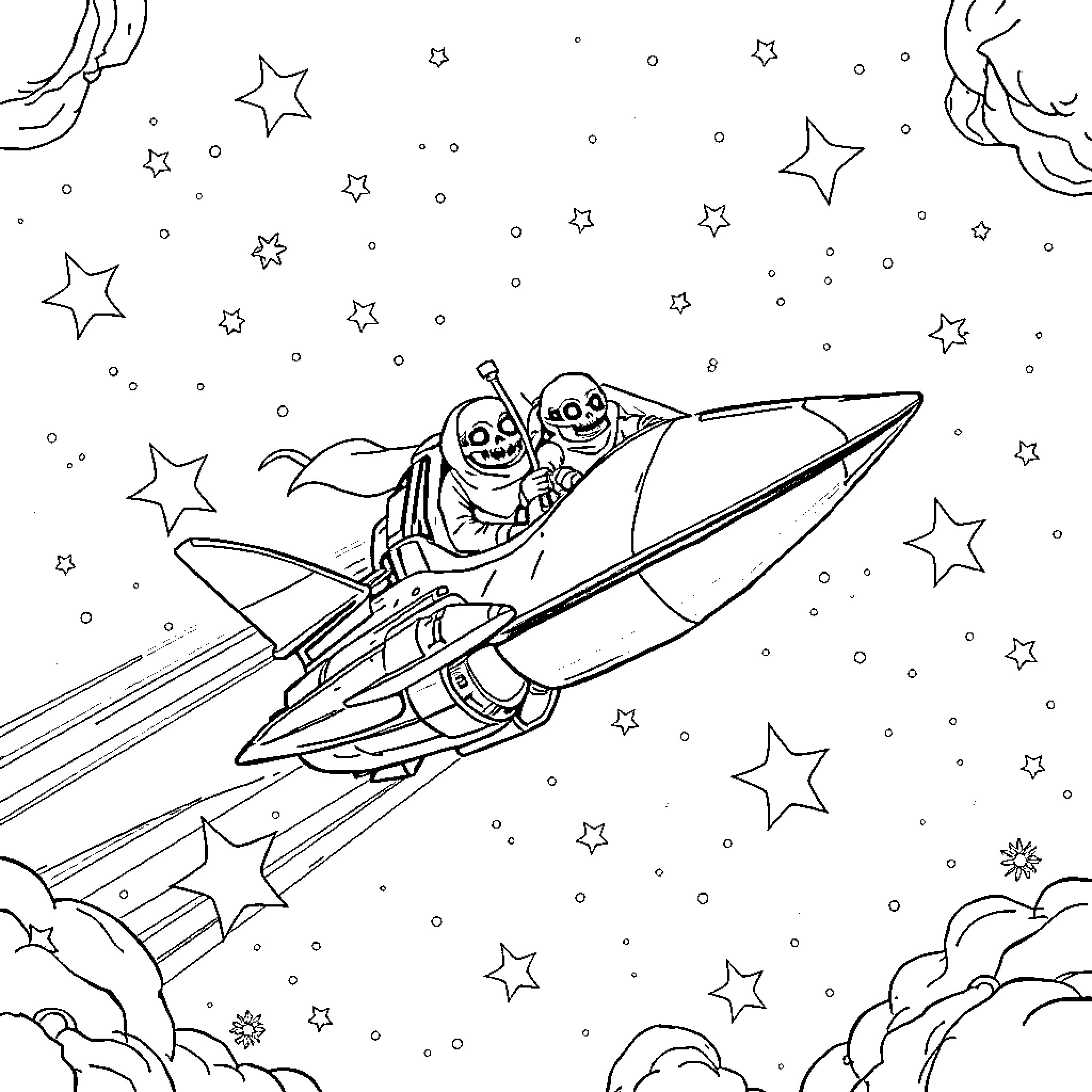 Villain Riding a Futuristic Rocket Ship in Outer Space Coloring Page (free black-and-white line drawing printable PDF for all, from beginners to advanced learners, including children, teens, adults, and seniors)