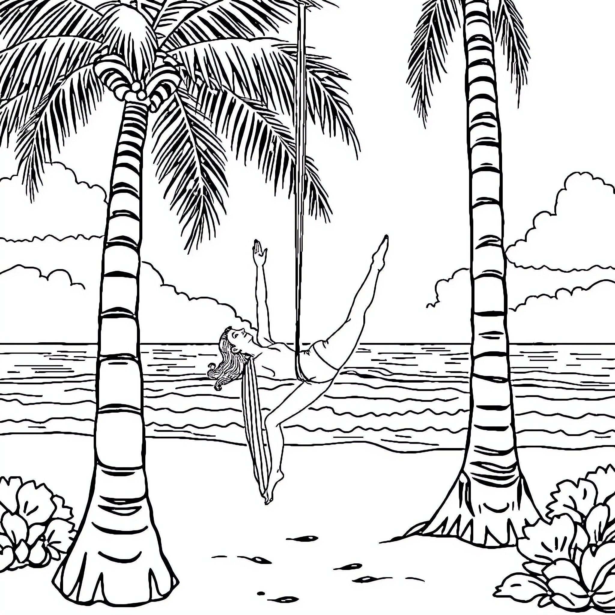 Lady relaxing on the beach under palm trees Coloring Page (free black-and-white line drawing printable PDF for all, from beginners to advanced learners, including children, teens, adults, and seniors)