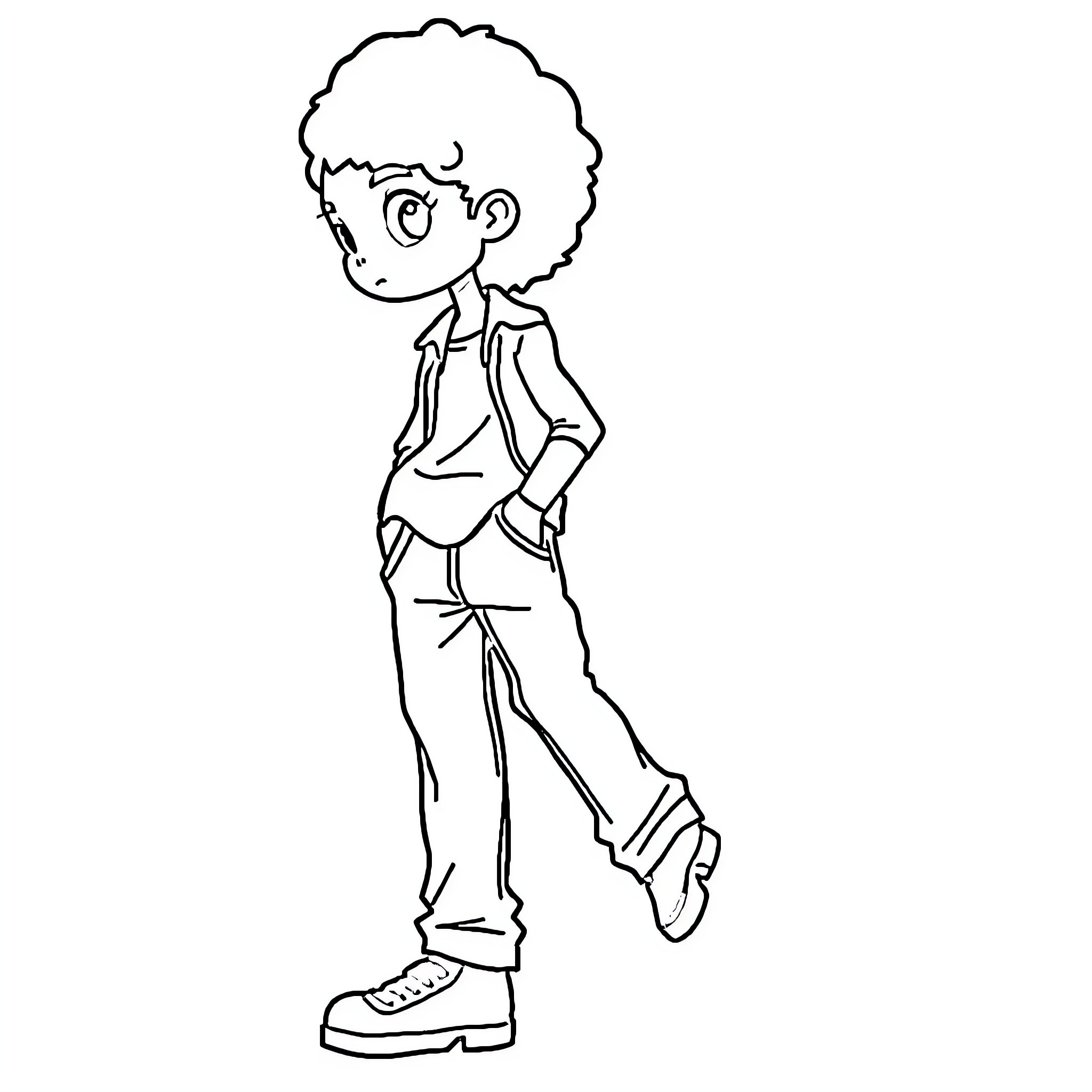 Person with curly hair standing in casual outfit Coloring Page (free black-and-white line drawing printable PDF for all, from beginners to advanced learners, including children, teens, adults, and seniors)