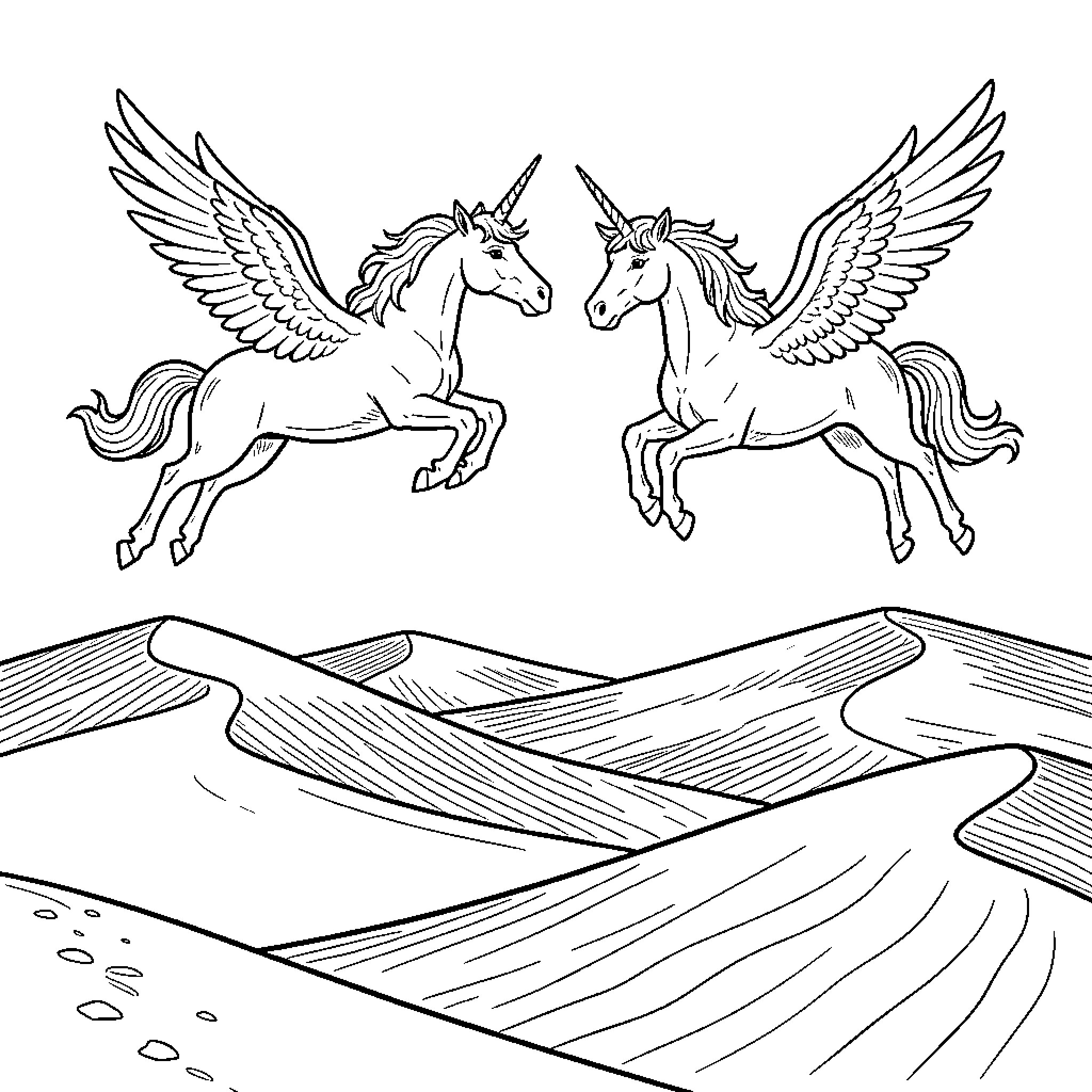 Unicorns flying gracefully over desert sand dunes Coloring Page (free black-and-white line drawing printable PDF for all, from beginners to advanced learners, including children, teens, adults, and seniors)