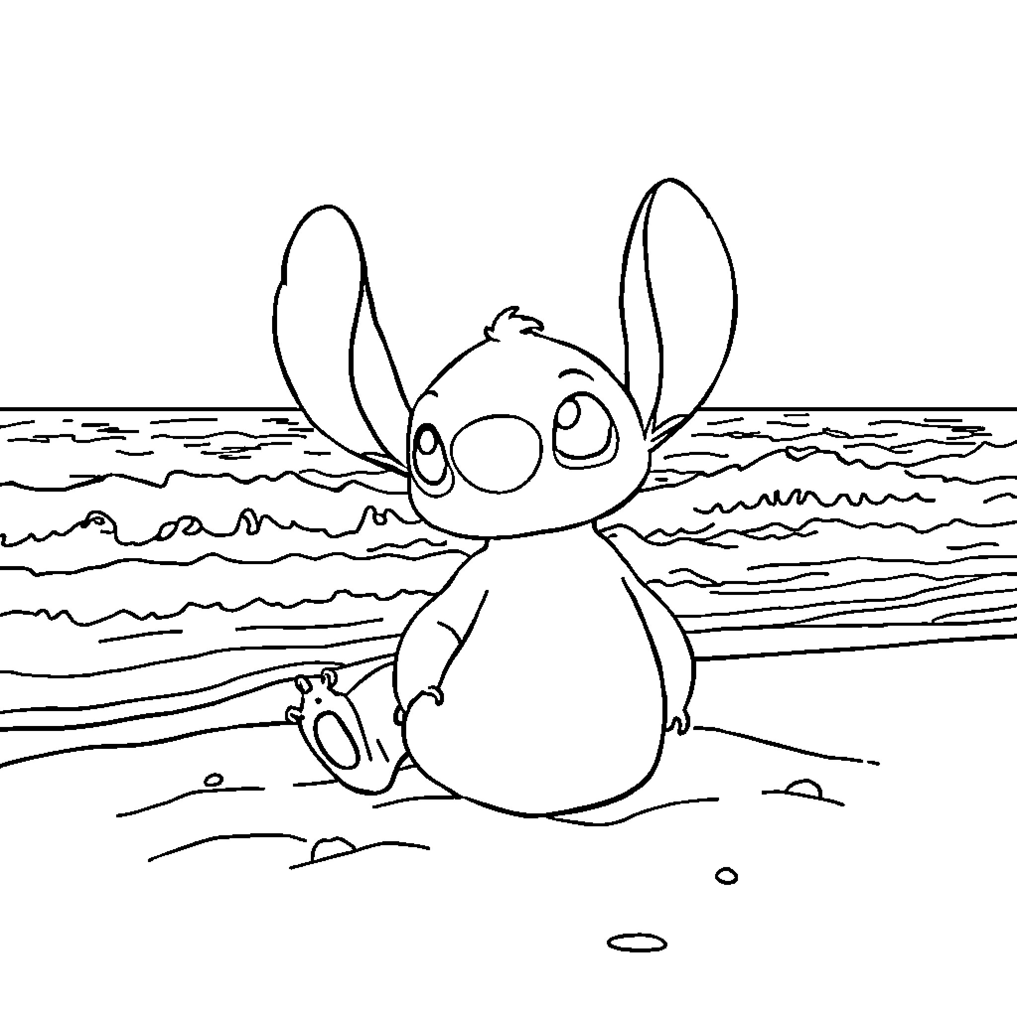 Stitch relaxing by the ocean Coloring Page (free black-and-white line drawing printable PDF for all, from beginners to advanced learners, including children, teens, adults, and seniors)