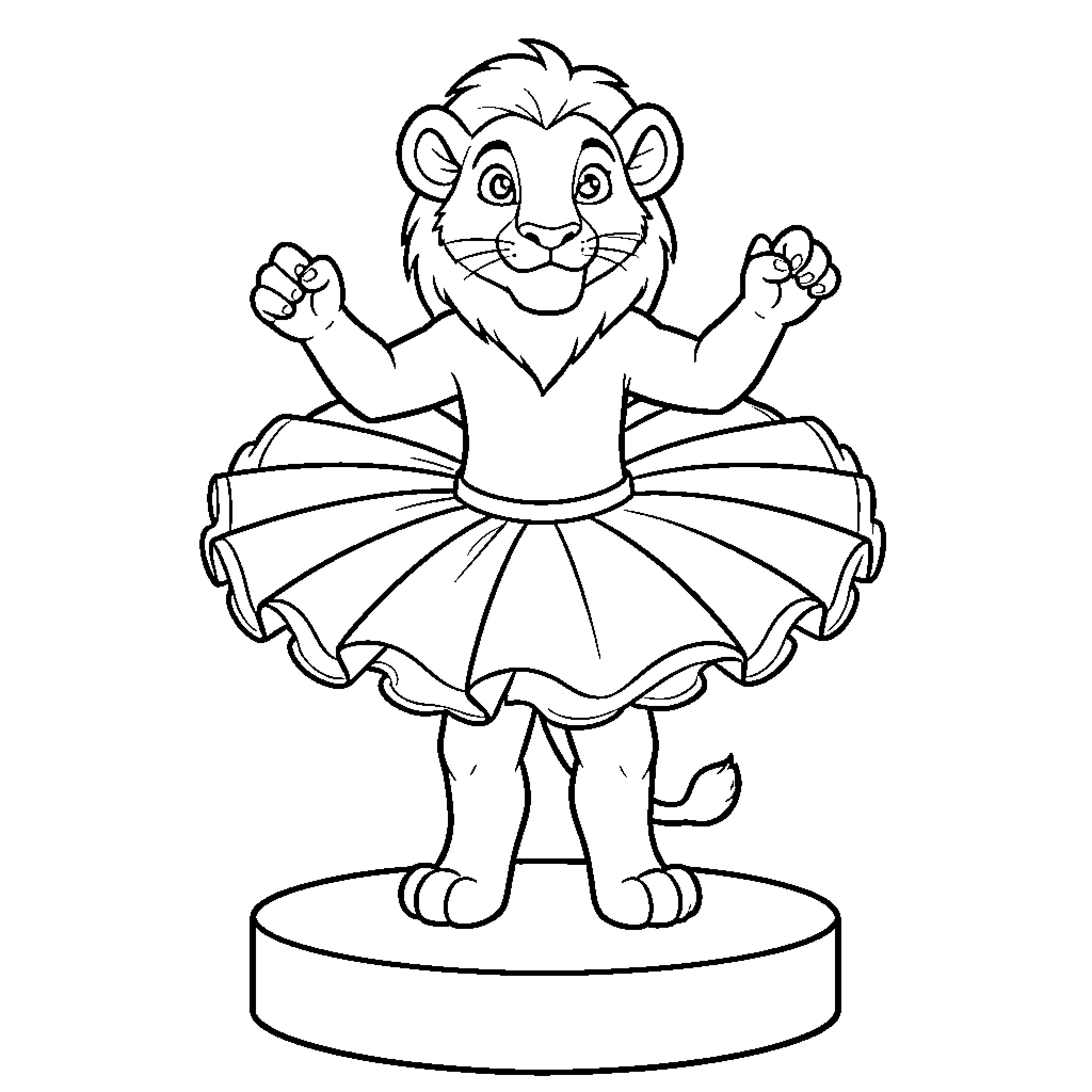 Lion dancing in a tutu on a stage Coloring Page (free black-and-white line drawing printable PDF for all, from beginners to advanced learners, including children, teens, adults, and seniors)