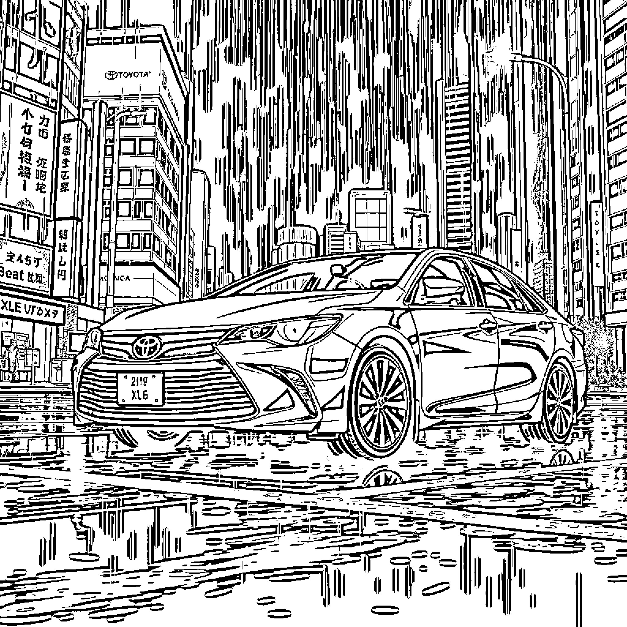 Toyota Camry in a rainy urban city scene Coloring Page (free black-and-white line drawing printable PDF for all, from beginners to advanced learners, including children, teens, adults, and seniors)