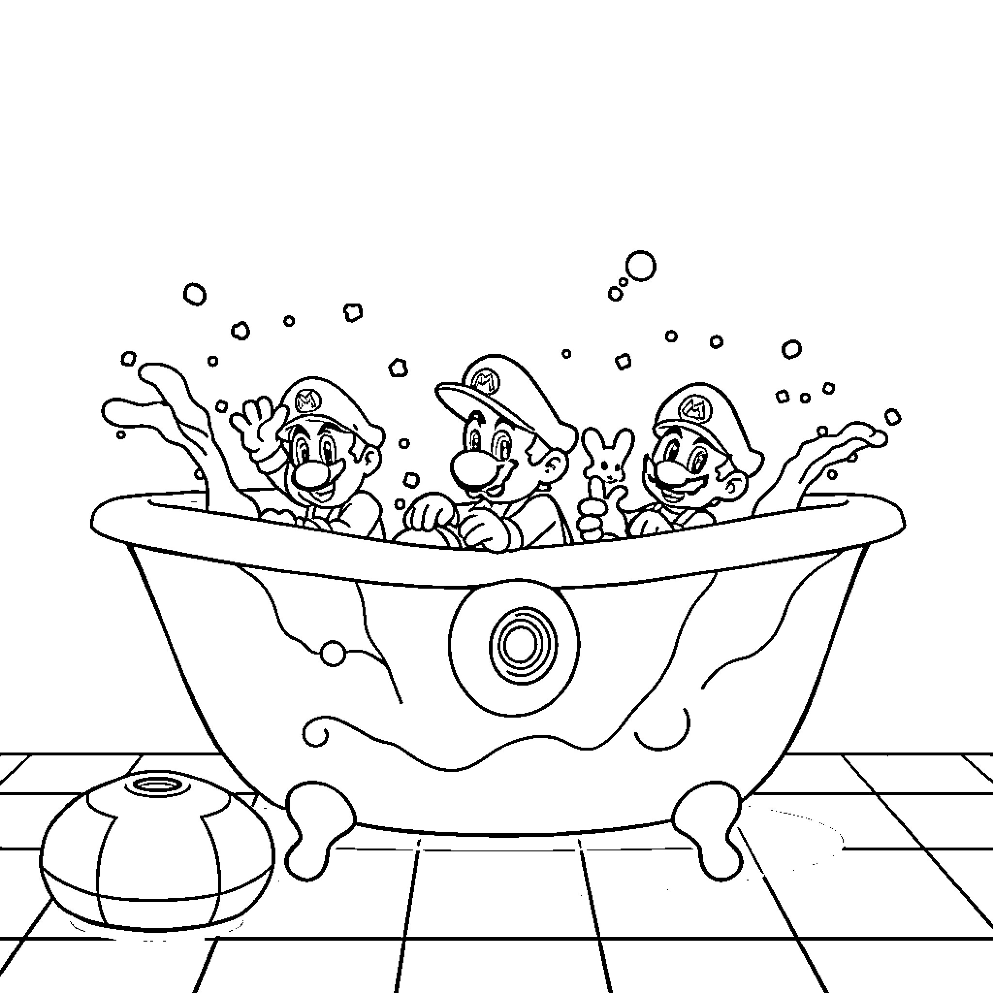 Mario Kart characters enjoying a relaxing bath Coloring Page (free black-and-white line drawing printable PDF for all, from beginners to advanced learners, including children, teens, adults, and seniors)