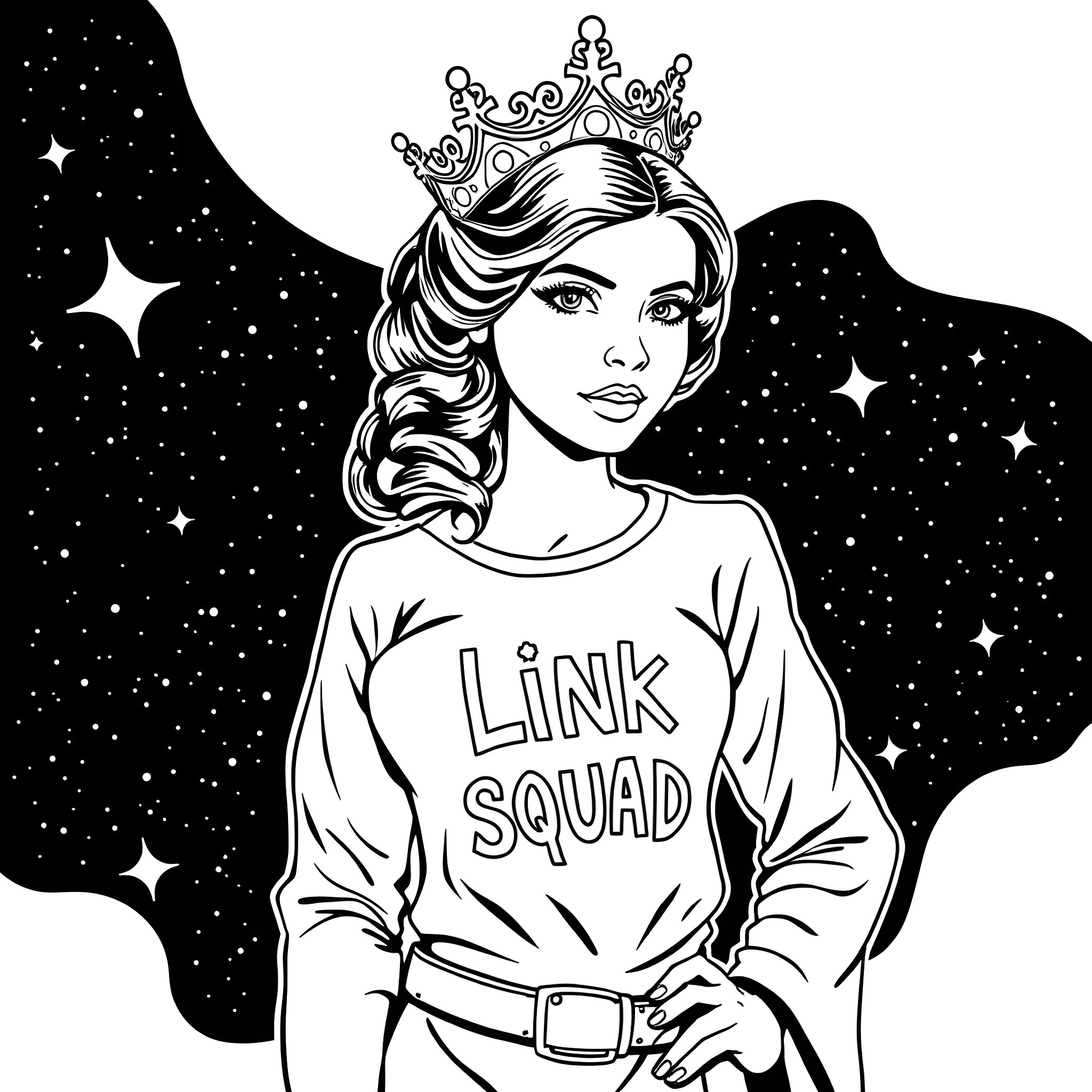 Princess Leia in Link Squad outfit with crown against starry backdrop Coloring Page (free black-and-white line drawing printable PDF for all, from beginners to advanced learners, including children, teens, adults, and seniors)