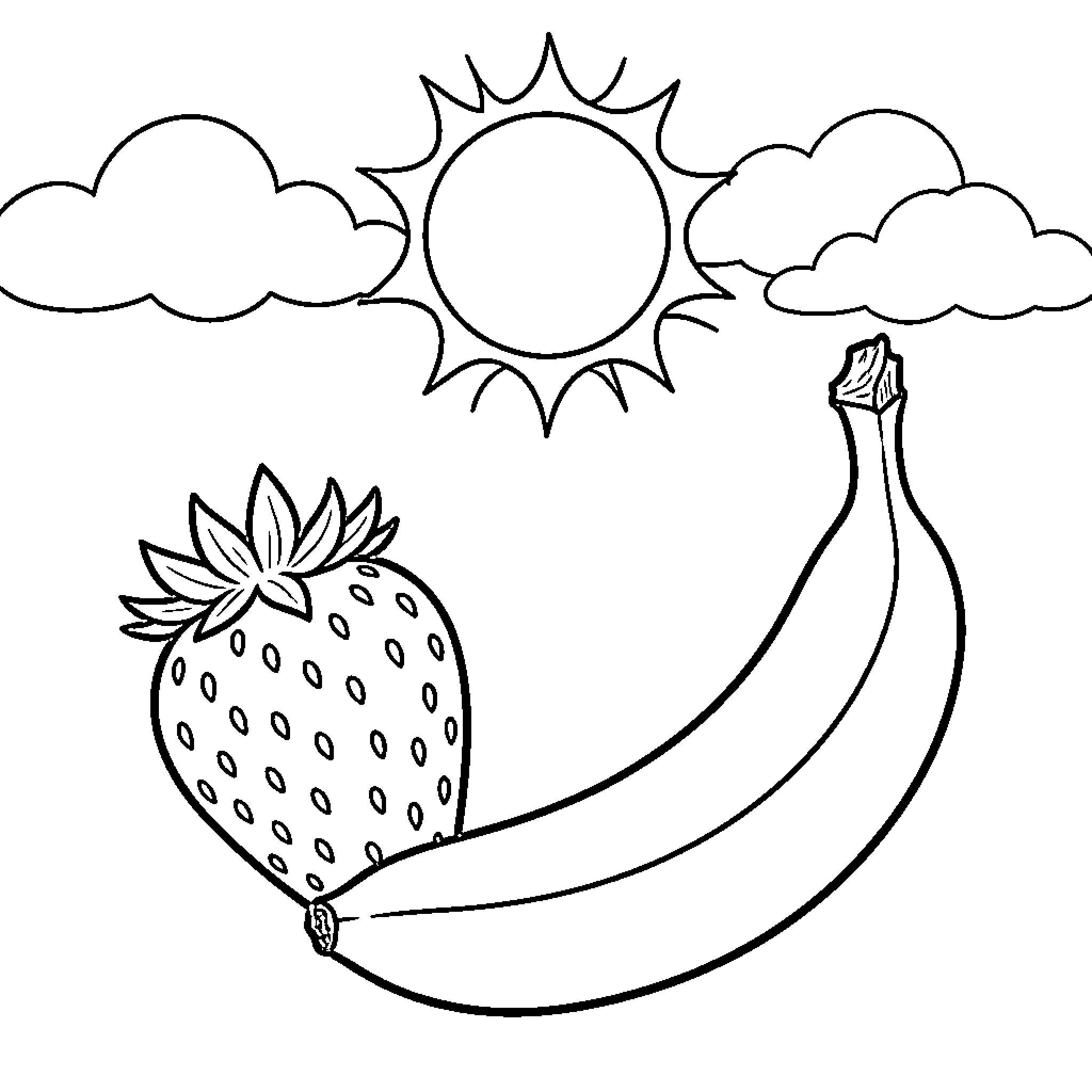 Fruit under the sunny sky Coloring Page (free black-and-white line drawing printable PDF for all, from beginners to advanced learners, including children, teens, adults, and seniors)