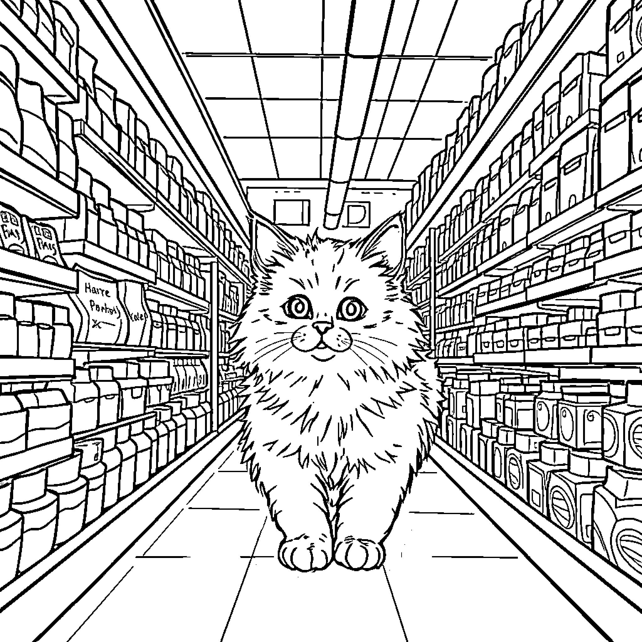 Cat exploring the supermarket aisle Coloring Page (free black-and-white line drawing printable PDF for all, from beginners to advanced learners, including children, teens, adults, and seniors)