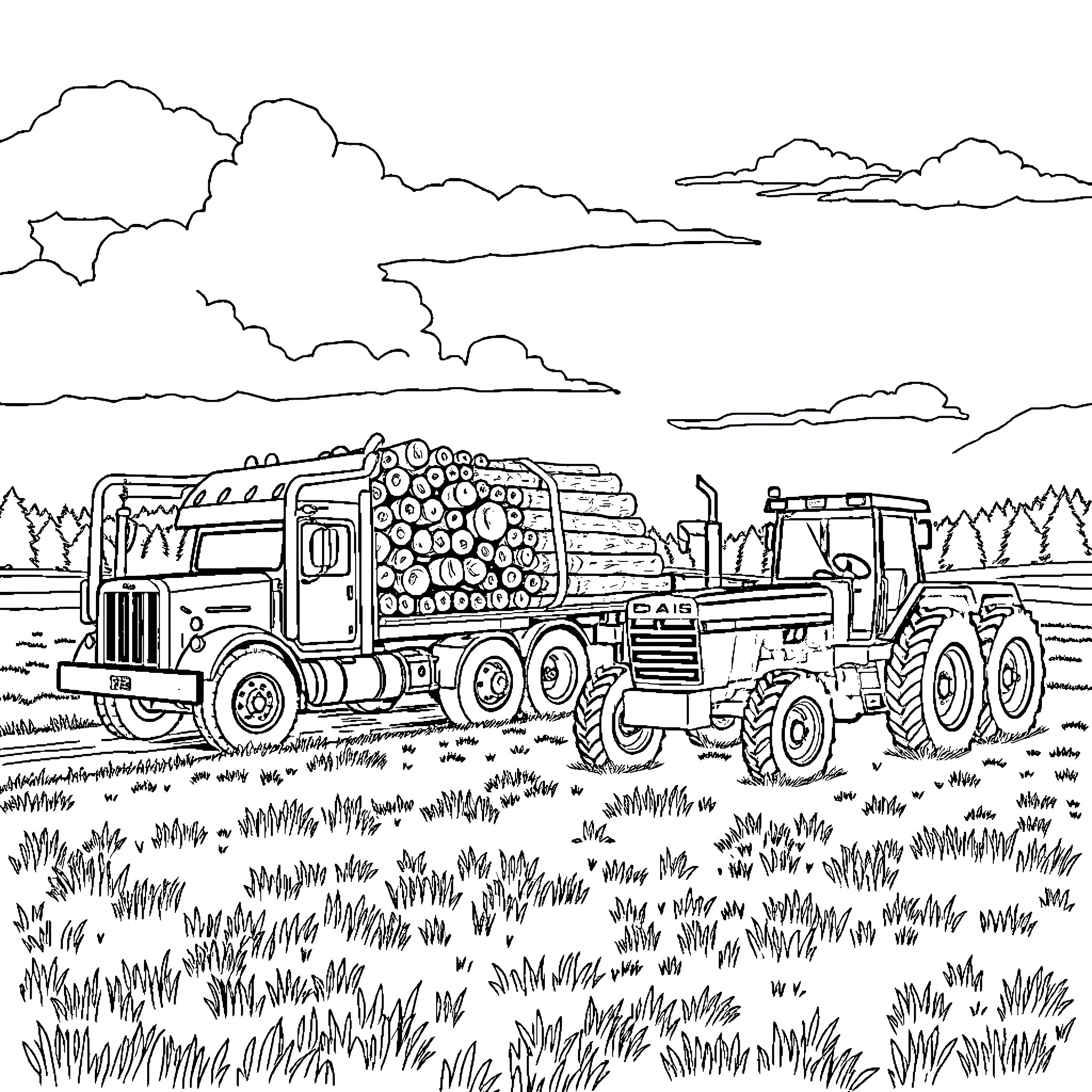 Truck transporting logs through rural landscape Coloring Page (free black-and-white line drawing printable PDF for all, from beginners to advanced learners, including children, teens, adults, and seniors)